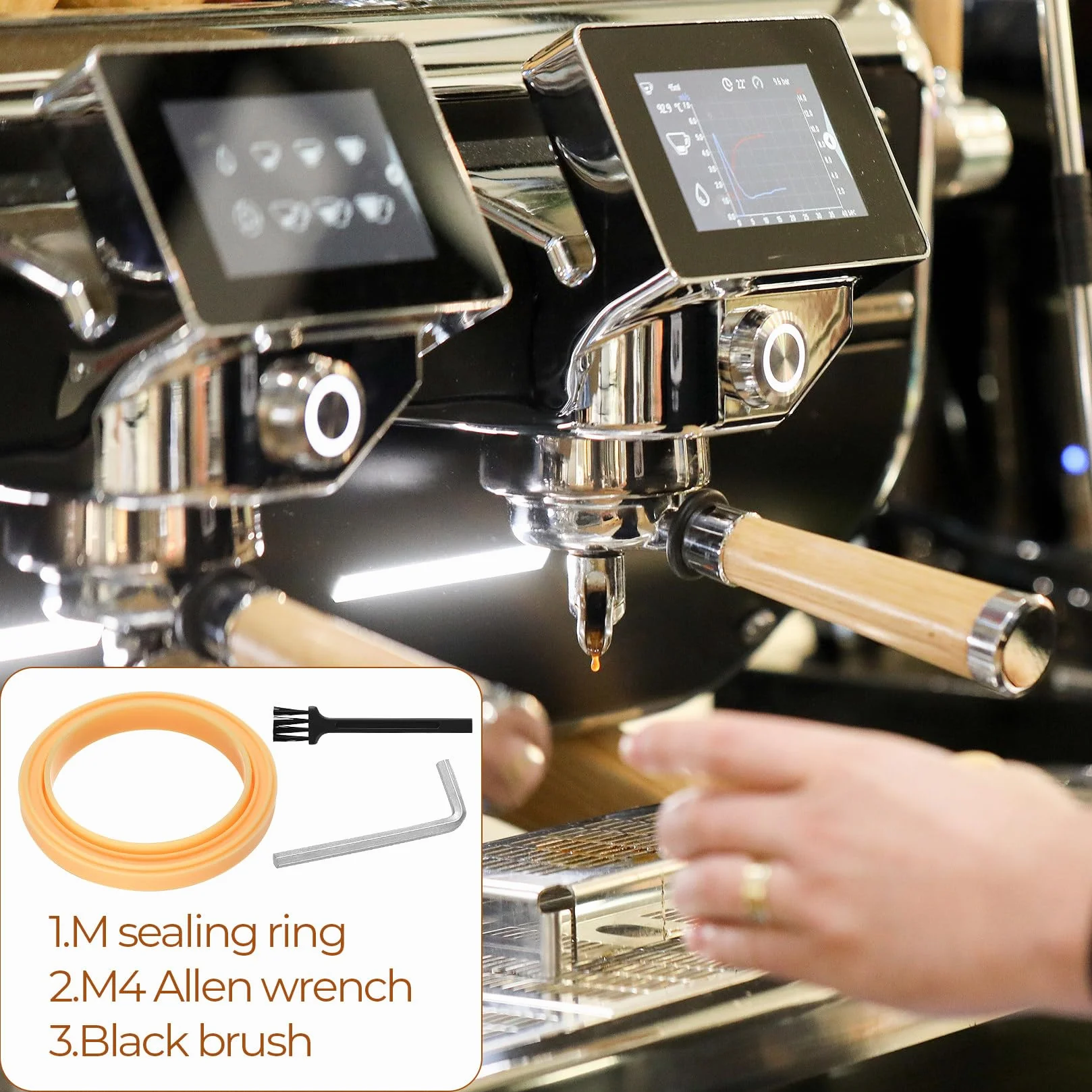 4 sztuki uszczelek głowicy grupy zaparzającej do ekspresu do kawy 64mm, silikonowe pierścienie parowe 64mm, wymienne do Breville Espresso, do akcesoriów Sage Barista Express, z klucz M4, 1 szczotka