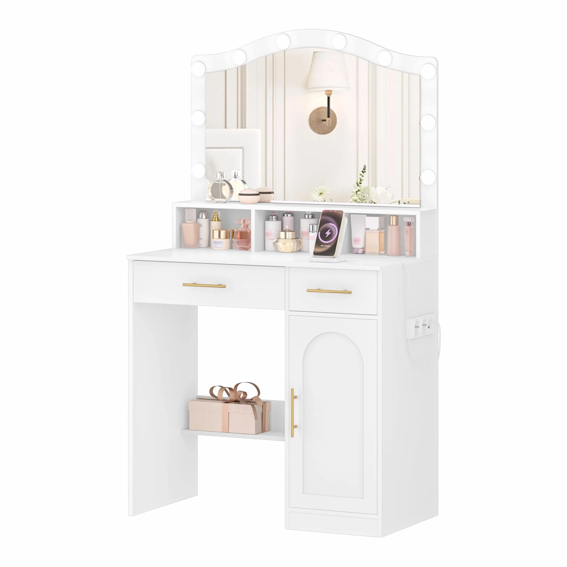 Hzuaneri Vanity, DużE Lustro Hd, 3-Kolorowe Regulowane śWiatłA Led, Ze Stacją łAdująCą, 2 Gniazdami Ac I 2 Portami Usb, 2 Szufladami I 1 Szafką Do Przechowywania, BiałO-ZłOta DT361HDT