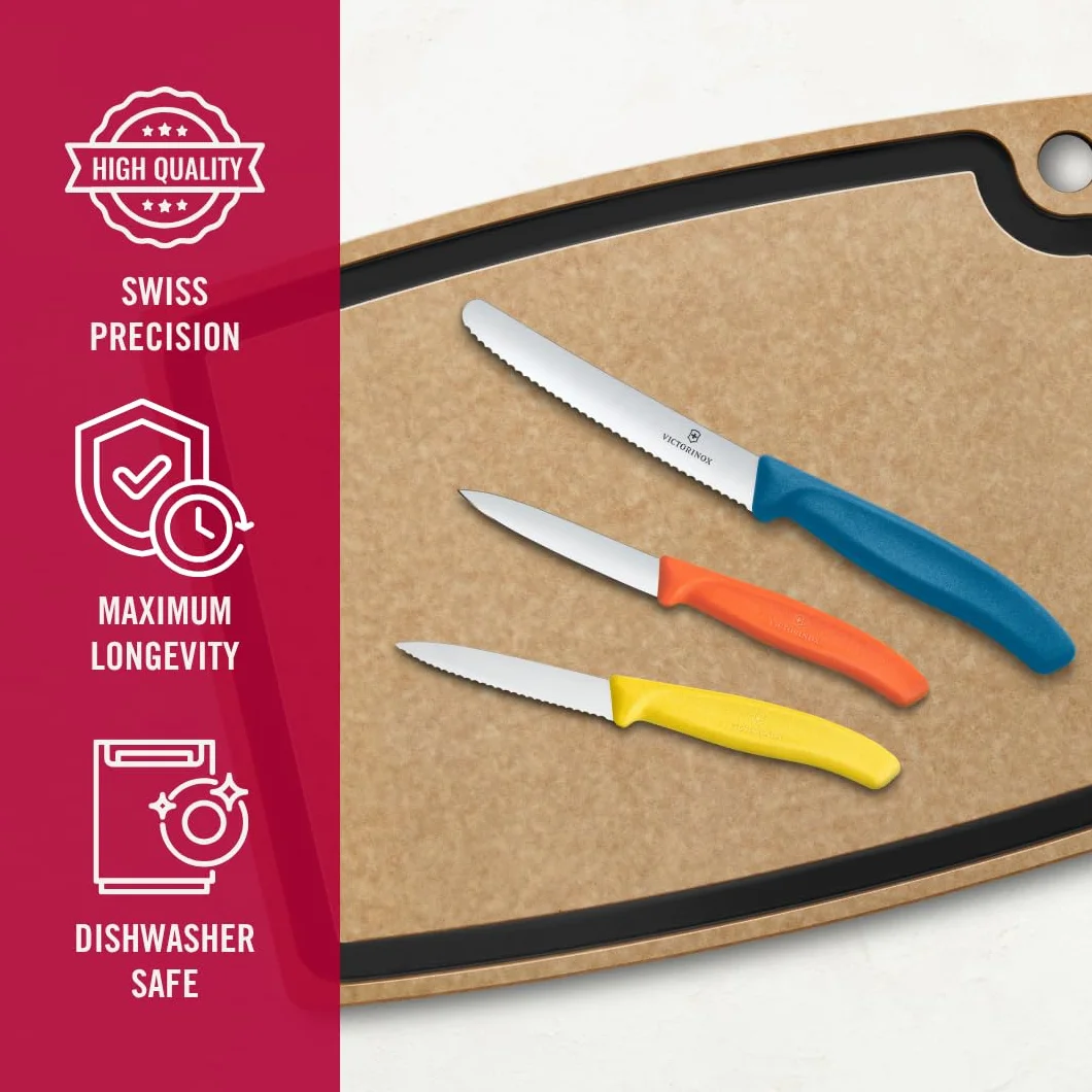 Victorinox Swiss Classic 3-częściowy zestaw noży kuchennych do warzyw, pomidorów i musli, wytrzymały uchwyt z tworzywa sztucznego, stal nierdzewna, kolorowy