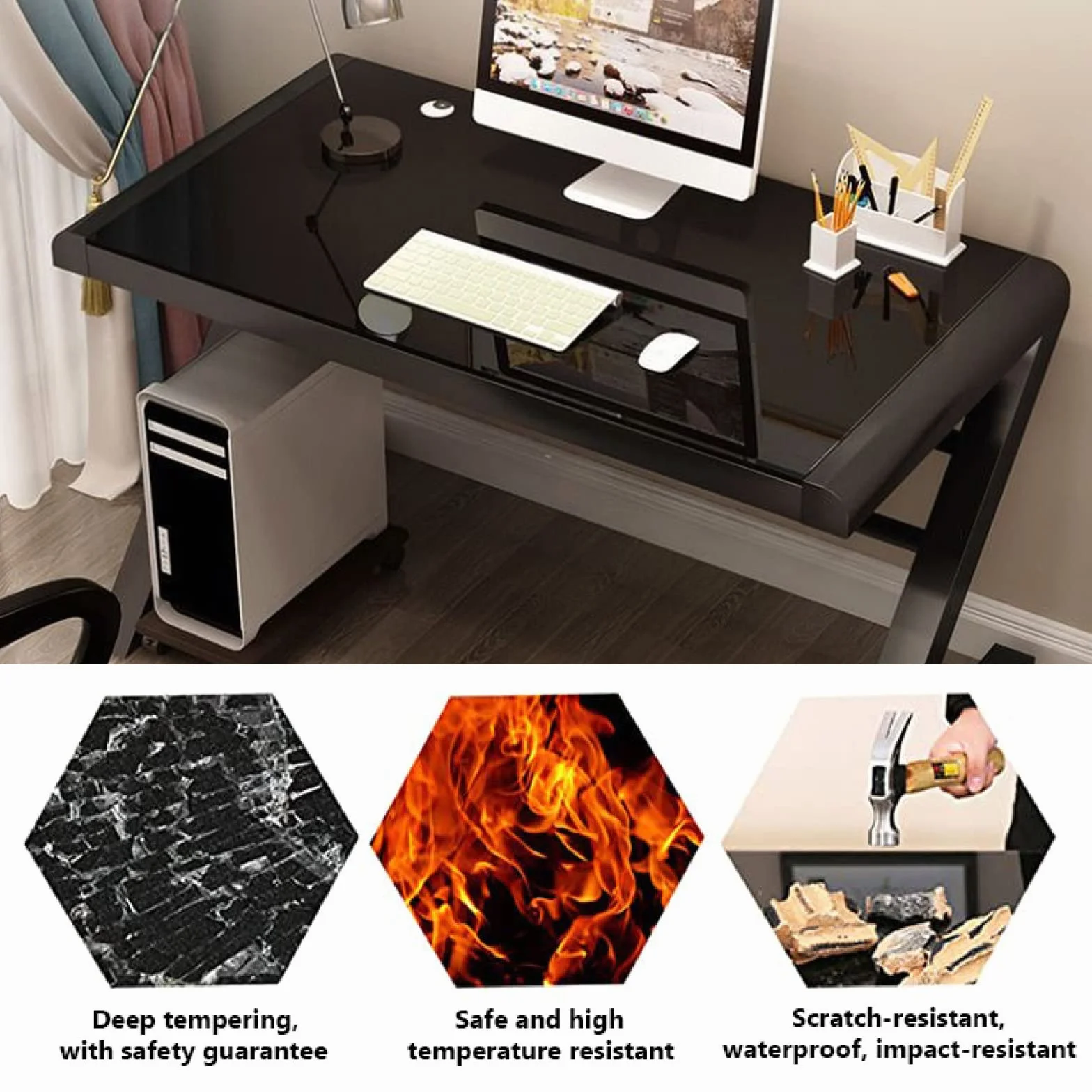 Nowoczesny design Biurko komputerowe ze szkła hartowanego z metalową ramą w kształcie litery Z, do domowego biura, gier i nauki, 90 cm, czarne
