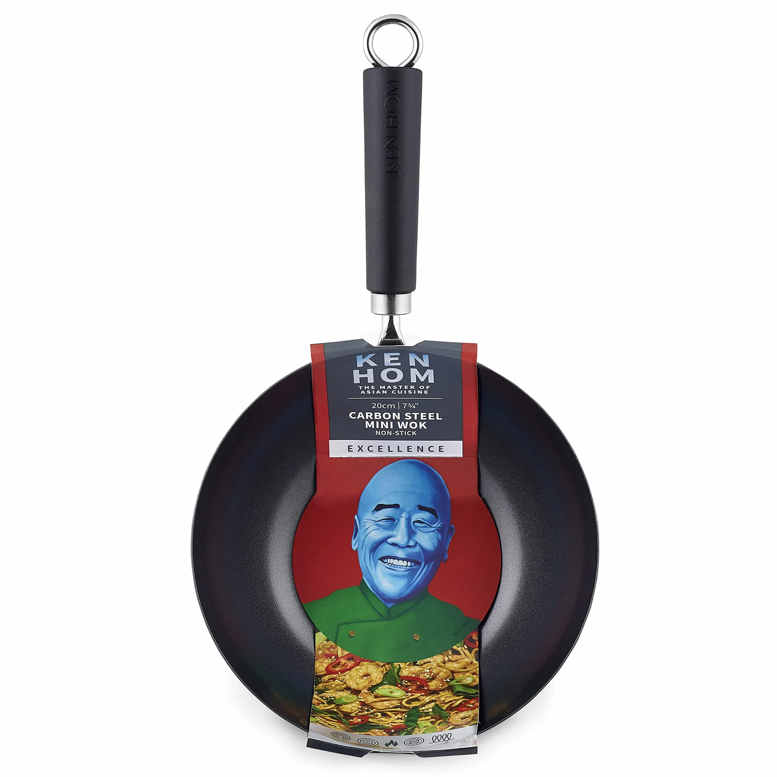 Ken Hom 20 cm mini patelnia wok ze stali węglowej z powłoką zapobiegającą przywieraniu, Excellence, odporna na wysokie temperatury, nadaje się do mycia w zmywarce, 5 lat