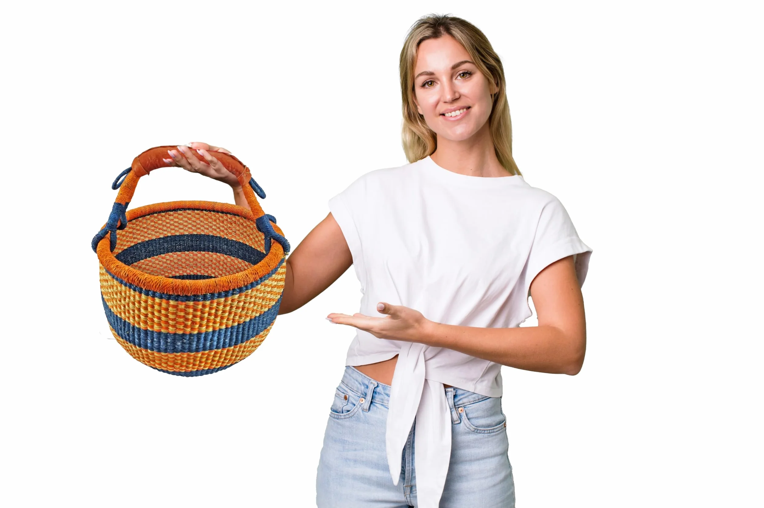 Duży okrągły kosz Bolga oryginalny afryka Ghana koszyk na zakupy skórzany uchwyt Fair Trade Ca: 35-40 cm