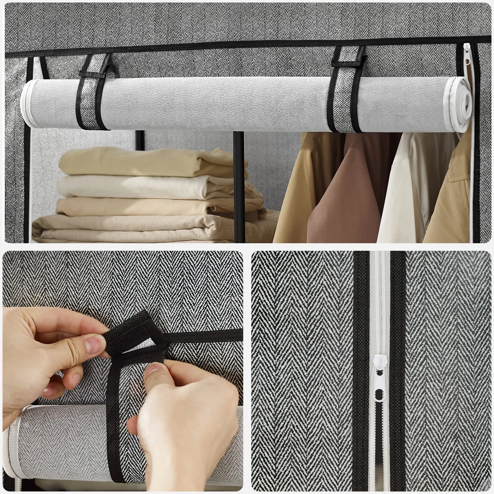 SONGMICS RYG084B22 Szafa na ubrania z 1 drążkiem i 6 wkładanymi półkami, włóknina, metalowa rama, 45 x 88 x 168 cm, do sypialni, korytarza, czarna z wzorem w jodełkę