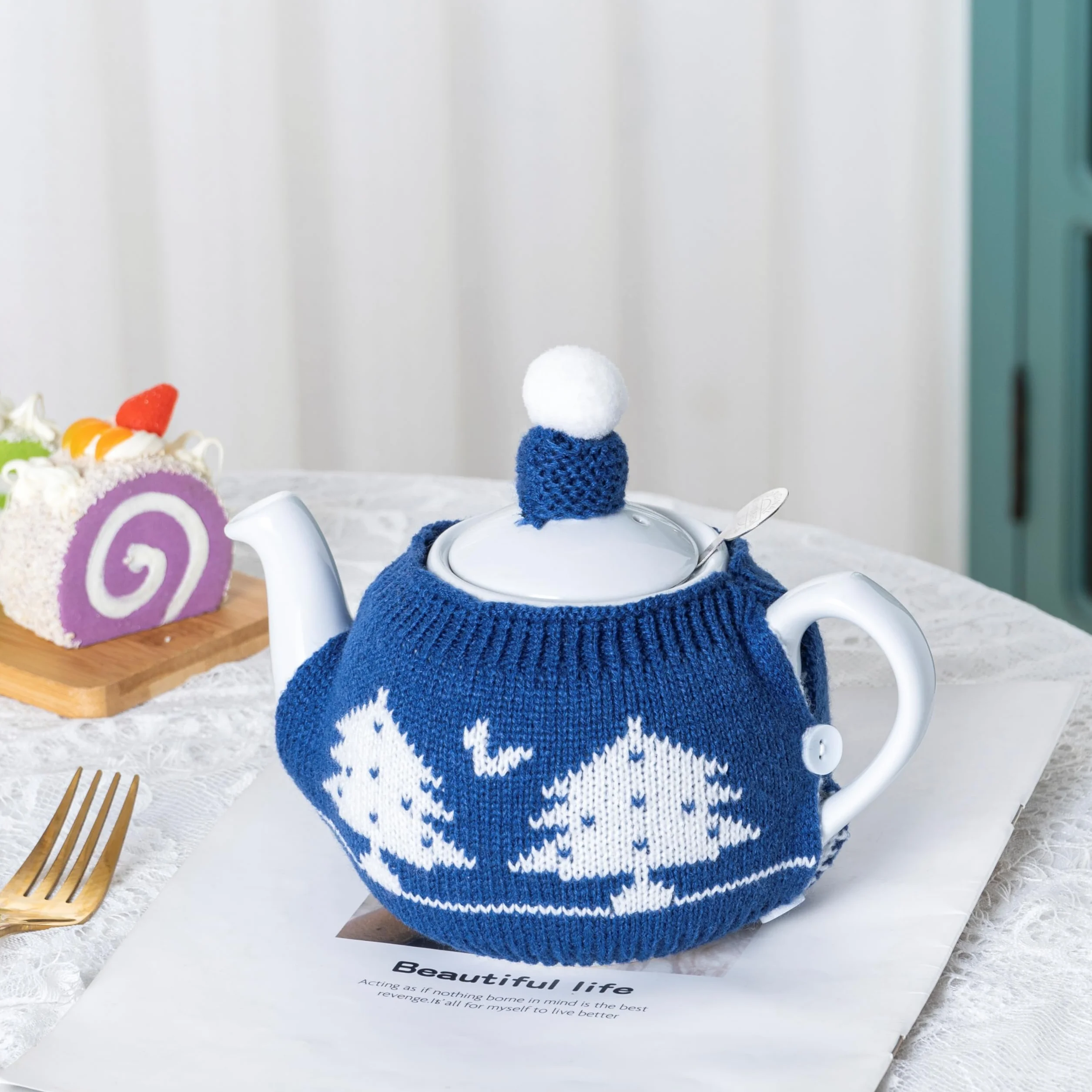 Przytulna herbata nadaje się do dzbanka do herbaty 600 ml, podgrzewacz do czajniczek -100% wypełnienie z włókien akrylowych, dwuczęściowy (niebieskie drzewo)