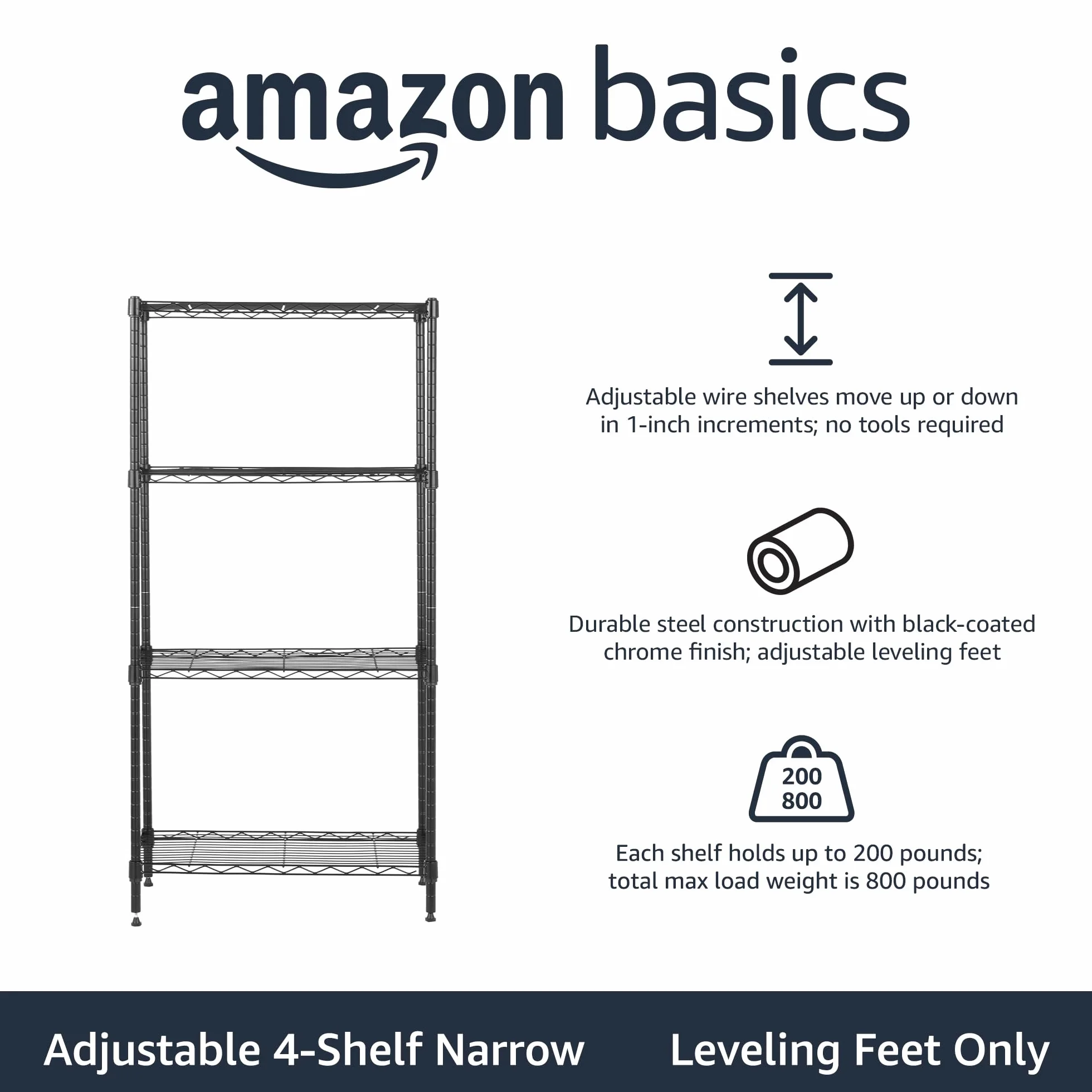 Amazon Basics Wąska szafka do przechowywania, z 4 półkami o regulowanej wysokości, z nóżkami poziomującymi, udźwig maksymalny 363 kg, 60,1 x 35,6 x 121,9 cm (gł. x szer. x wys.), czarna