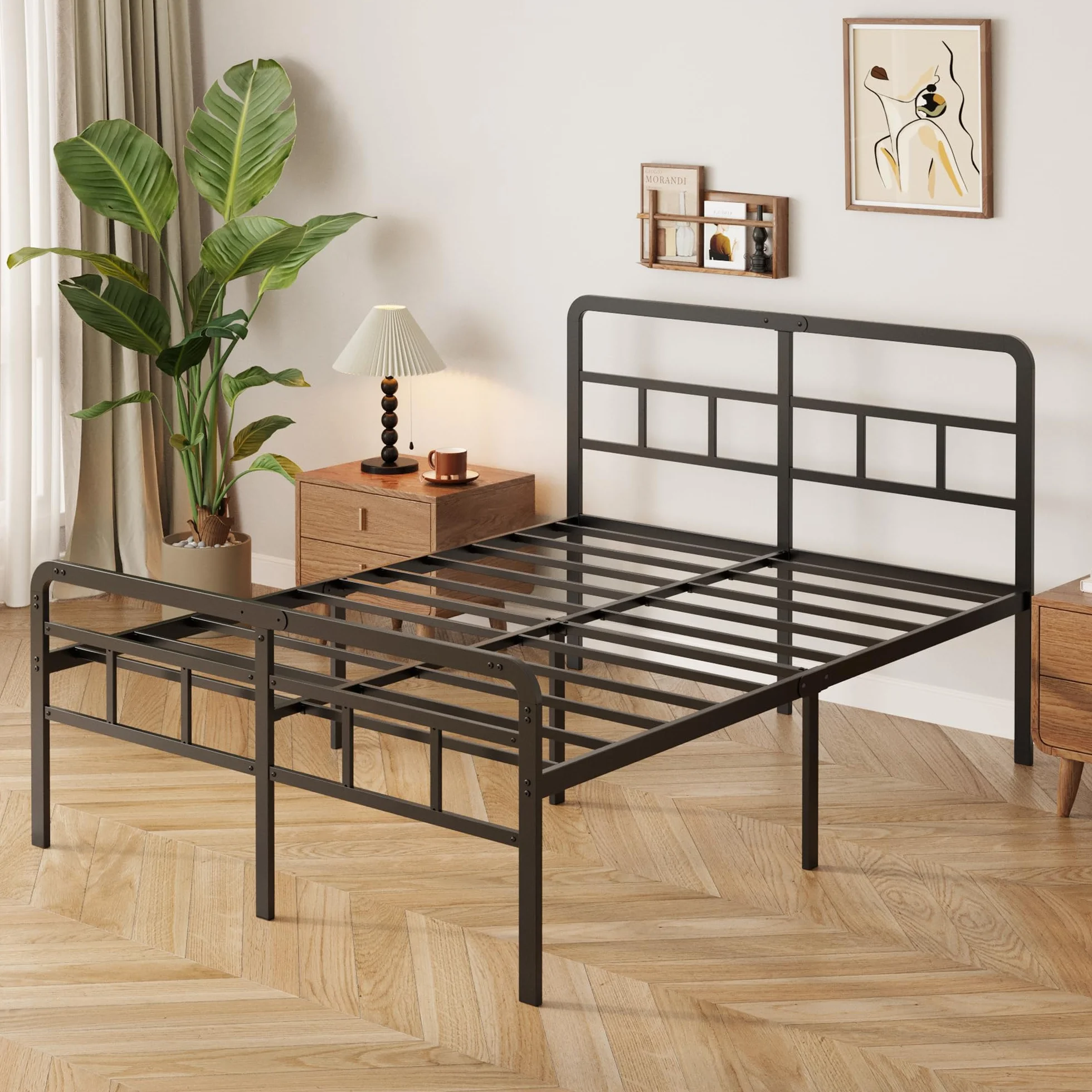 Yicensen Metalowa ramka łóżka 140x200 cm z zegarzkiem i poduszkiem łóżka, ramka metalowa o wysokości 46 cm z mocnym wspornikiem, miejsce na magazynowanie pod łóżkiem