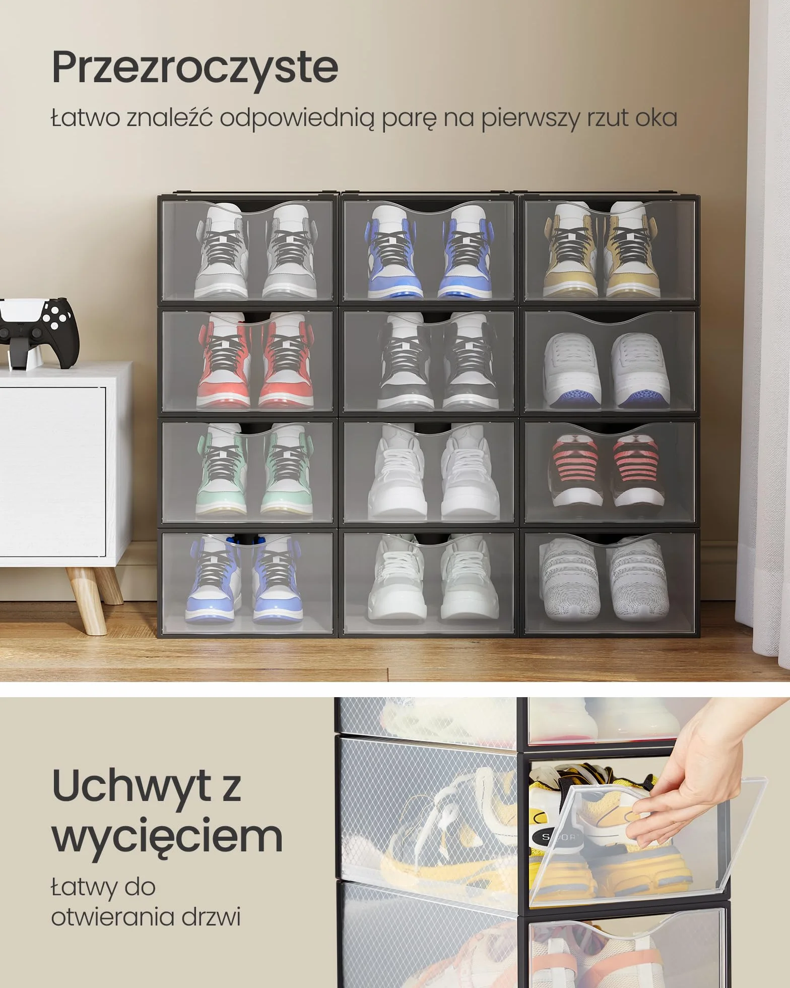 SONGMICS Przezroczyste pudełka na buty, zestaw 12, 33,2 x 23 x 14,5 cm, do rozmiaru 42, czarne