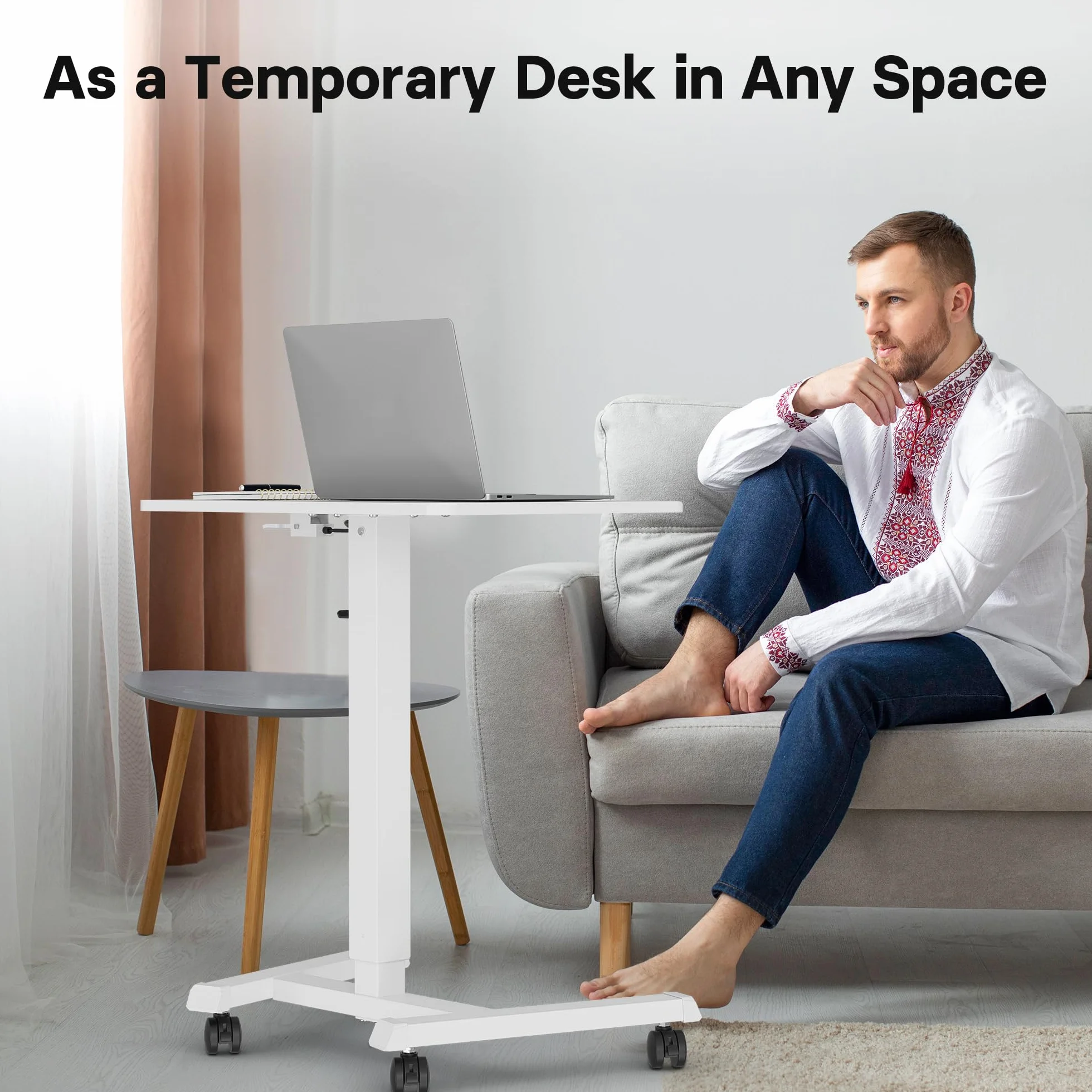 BONTEC 65x45cm Ruchome Biurko Stojące z 4 Kółkami – Regulowane Biurko z Wysokością 72-112 cm, Mobilna Stacja Robocza, Idealne do Salonu, Sypialni i Biura, Maksymalne Obciążenie 15KG, Białe