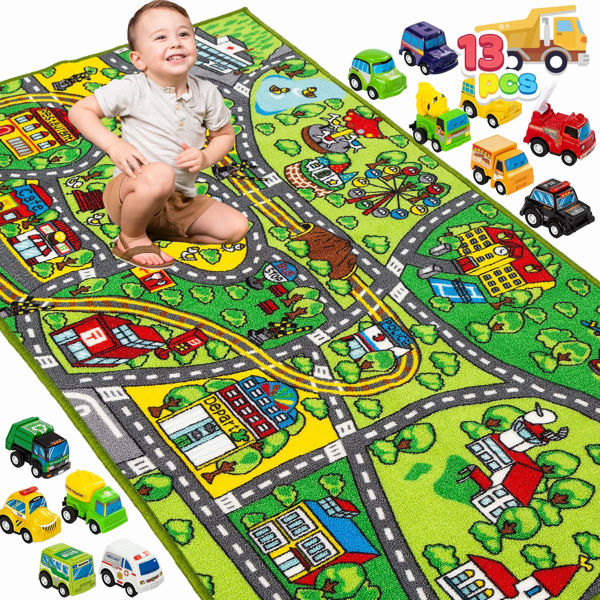 JOYIN Tappetino da Gioco per Bambini con 12 Veicoli Tappeto per Sala Giochi Jumbo, Gioco di Finta Città