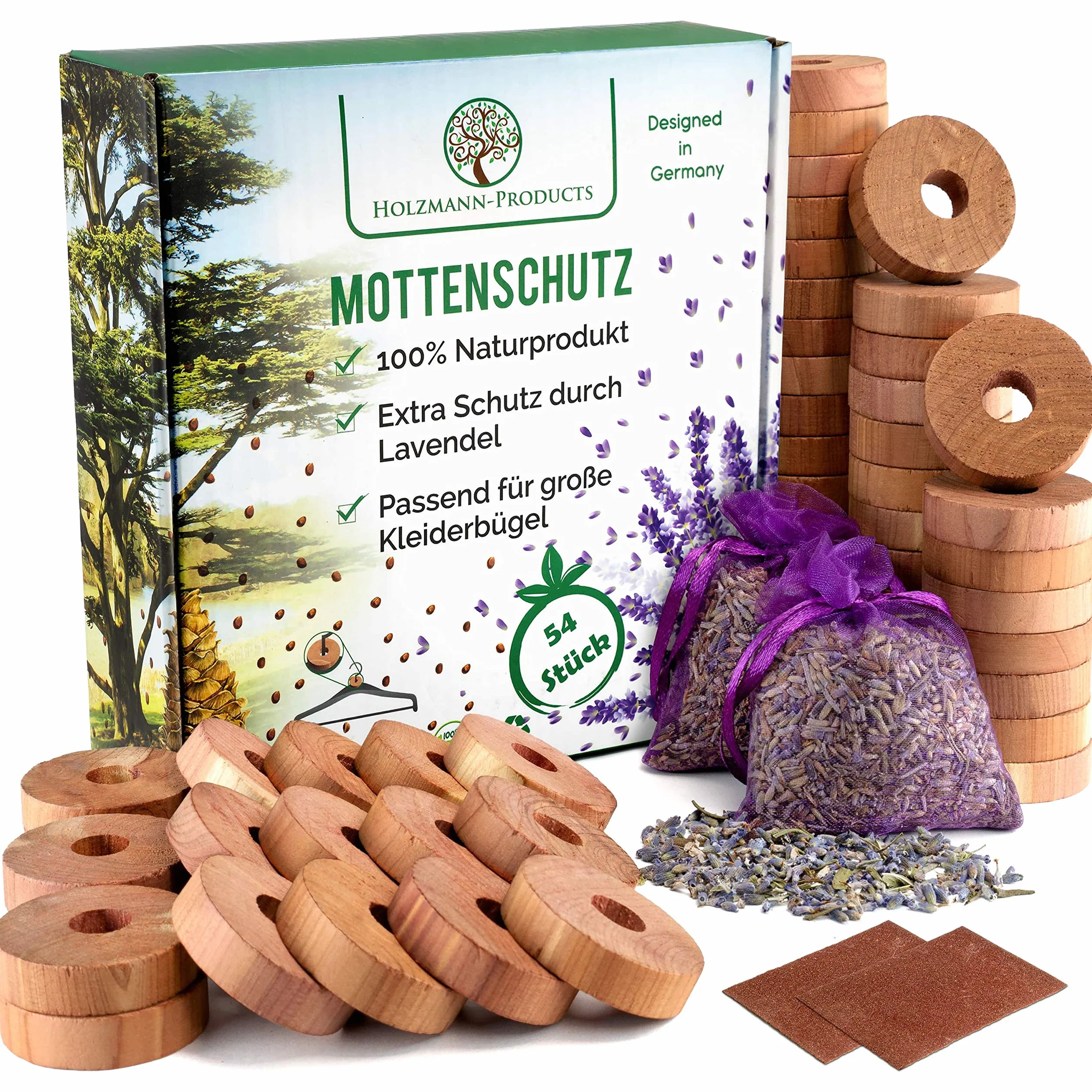 HOLZMANN zestaw 58 sztuk, ochrona przed molami z drewna cedrowego i lawendy, z papierem ściernym, drewno cedrowe, ochrona przed molami, naturalna ochrona przed molami, do szafy na ubrania, pierścienie
