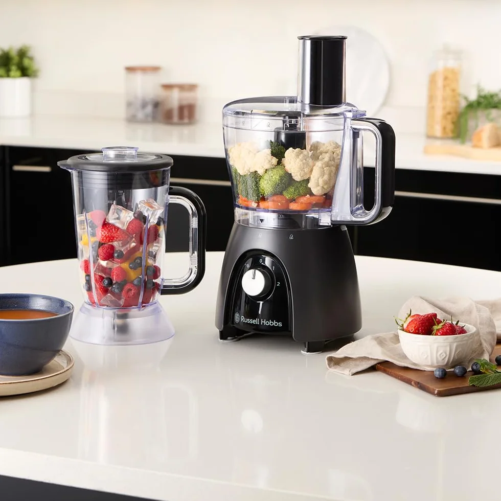 Russell Hobbs Robot kuchenny [Blender/Rozdrabniacz/Młynek/Krajalnica do warzyw] Mikser elektryczny (Do wyrabiania, krojenia, siekania i szatkowania, Moc szczytowa 900W) Matte Charcoal 27111-56