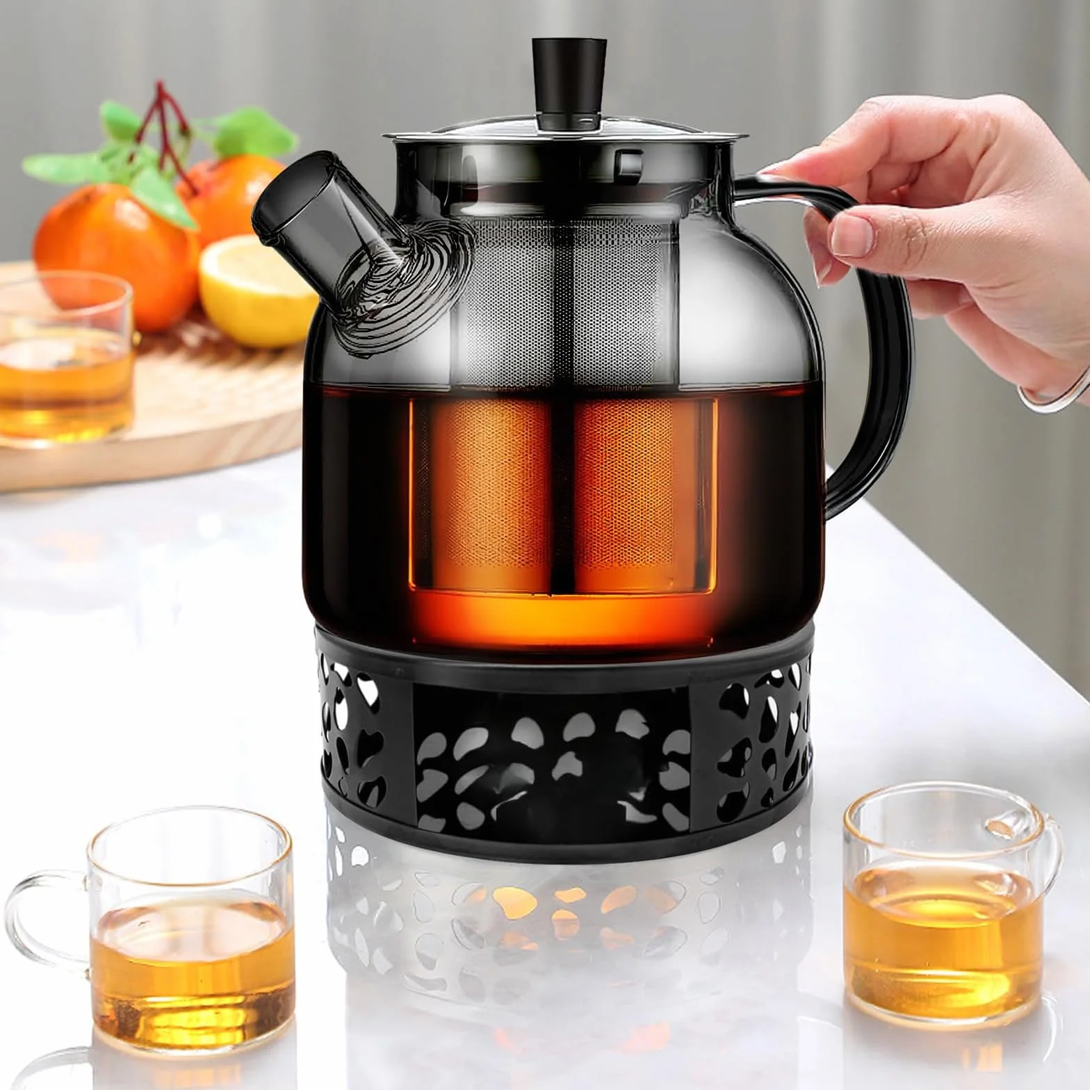 BORDEAG Dzbanek do herbaty z podgrzewaczem, 1500 ml, Szklany dzbanek do herbaty z wkładem sitowym, Dzbanek do herbaty ze szkła