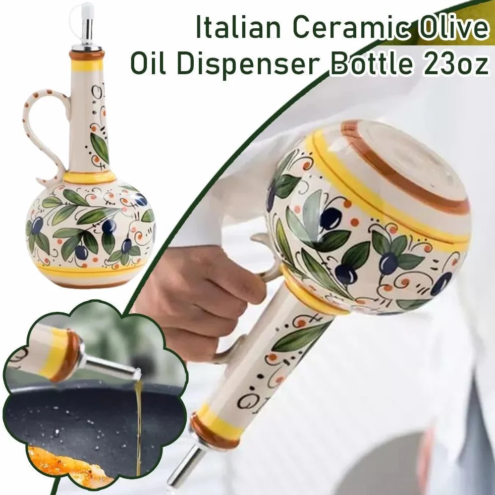 23 uncji włoska ceramiczna butelka dozująca oliwy z oliwek, ręcznie malowana dekoracyjna karafka do kuchni, salonu, domu, do kawy z wylewkiem ze stali nierdzewnej do olejów, syropów do kawy, sosów