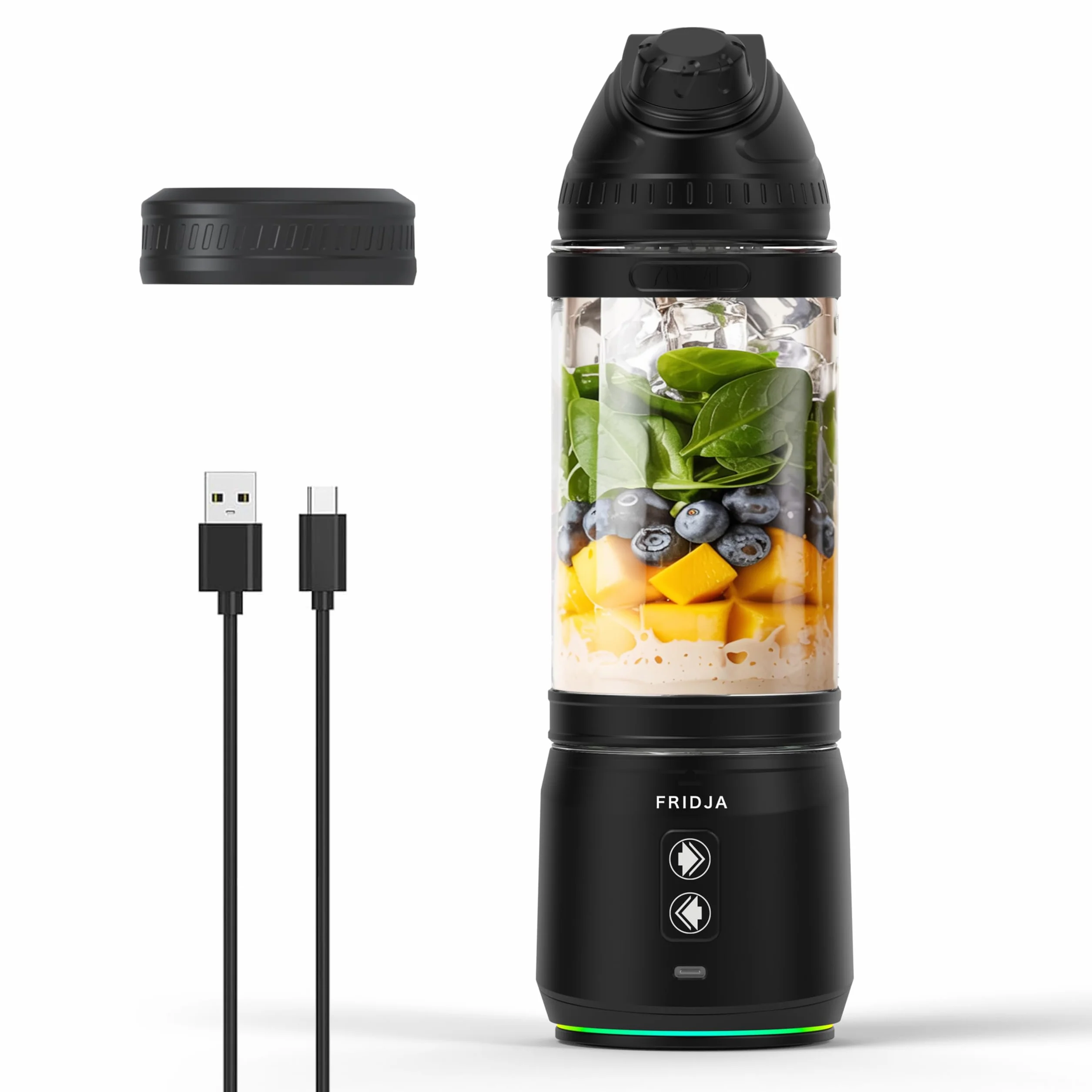 Fridja Przenośny blender F500, mocny silnik 240 W, akumulator USB-C, szczelna i kompaktowa konstrukcja, idealny do smoothie, koktajli proteinowych, podróży i siłowni, butelka bez BPA, 6-listkowe
