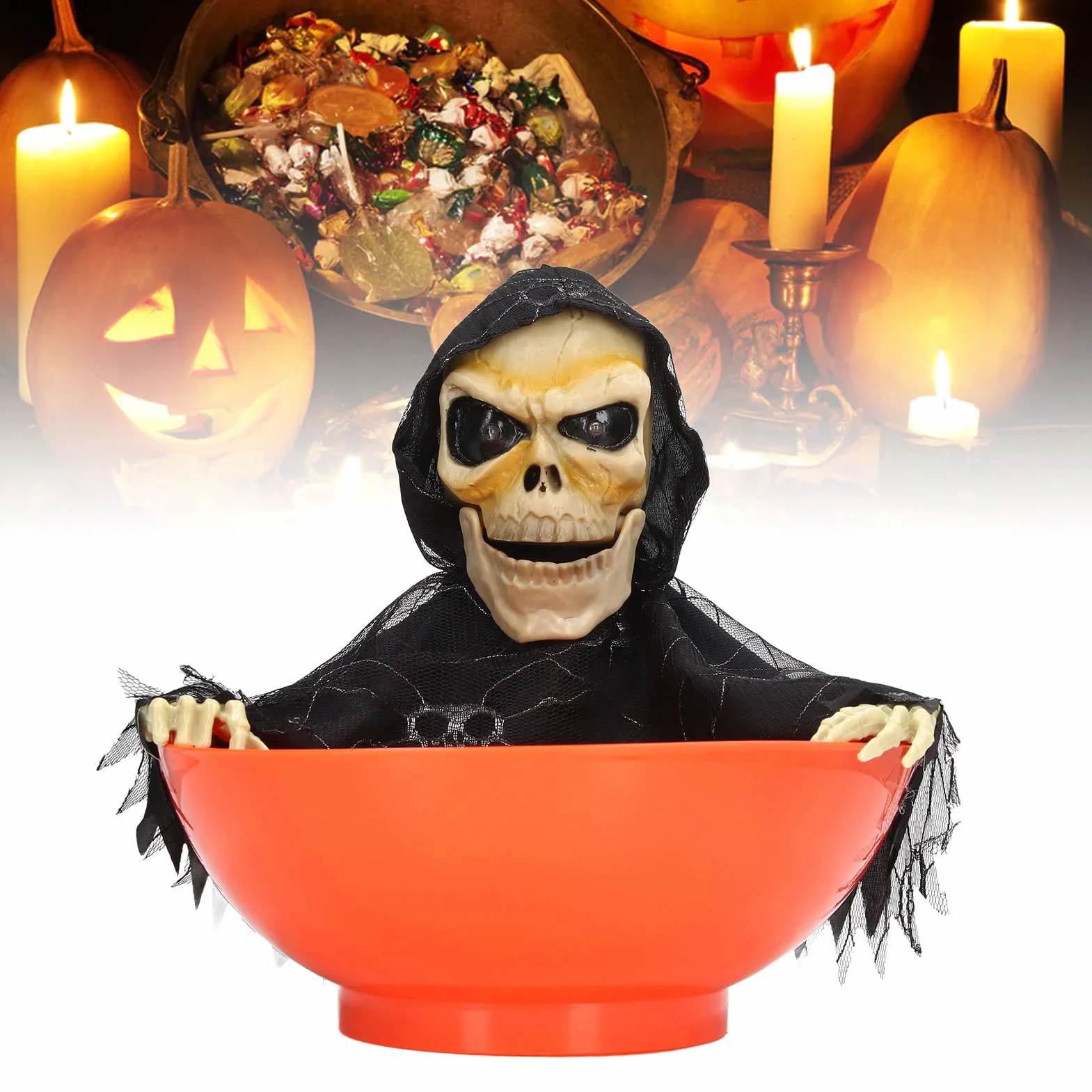 Halloween Candy Bowl z ruchomymi animowanymi cukierkami szkieletowymi, krzyczącym uchwytem na czaszkę i świecącymi oczami dla przerażającego wystroju