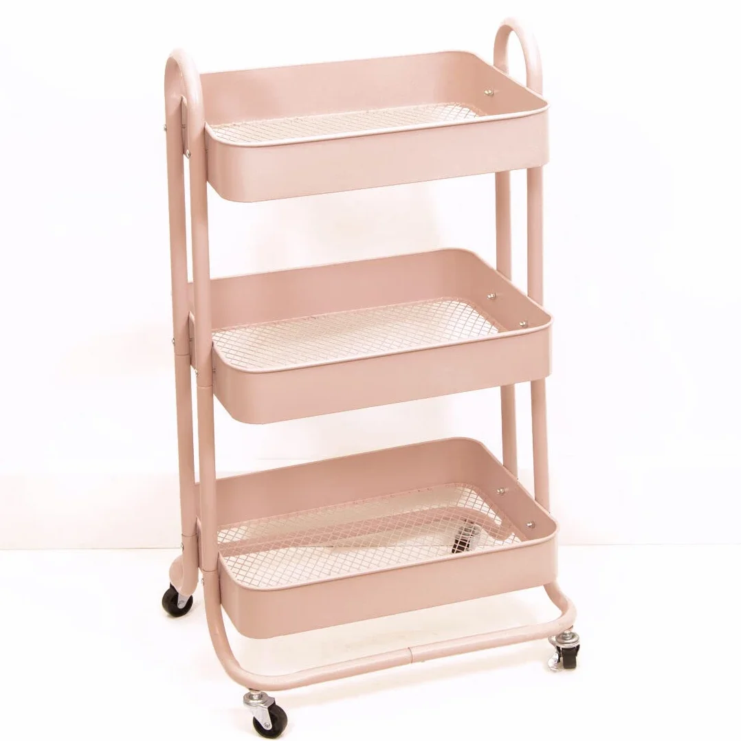 Craftelier Metalowy wózek organizacyjny z 3 tacami różowy 4 kółka obrotowe 360° z hamulcami 78 x 40 cm