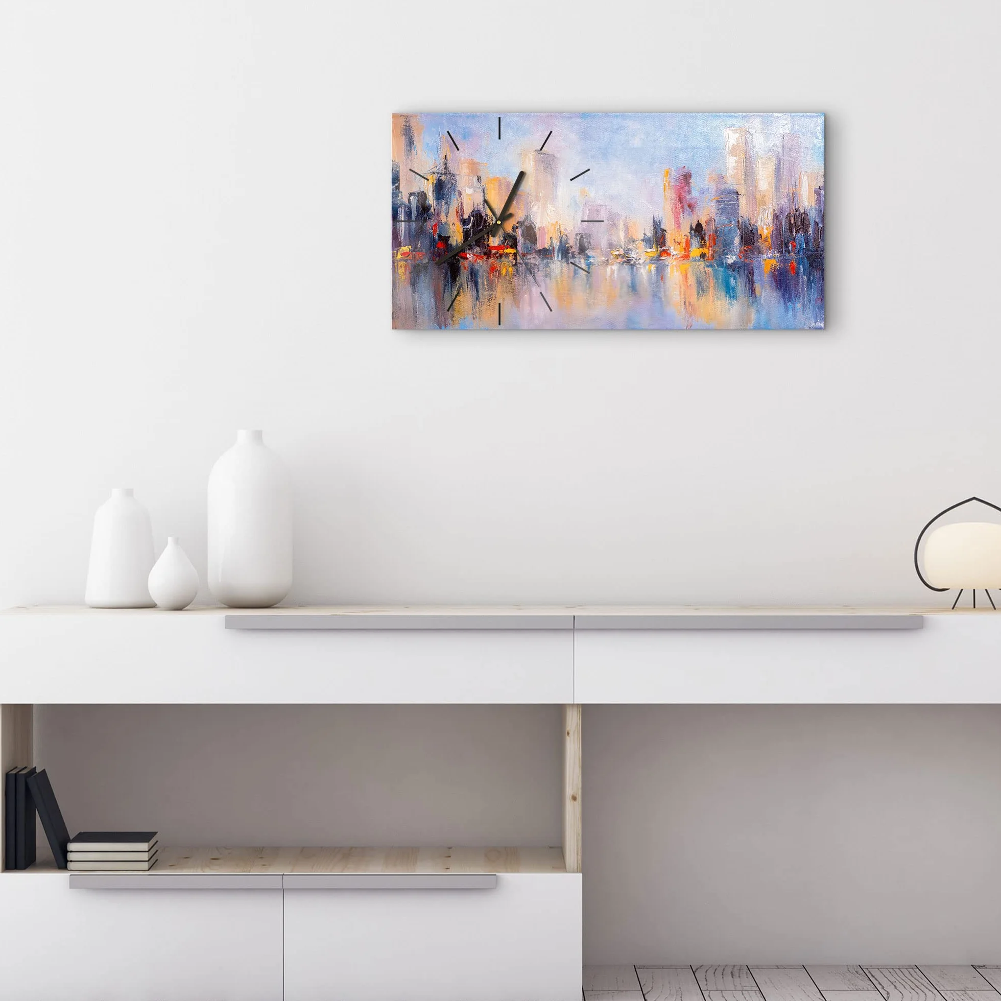DEQORI Szklany zegar | pionowy 60 x 30 cm | motyw drapaczy chmur na wodzie | duży designerski zegar XXL | cichy zegar ścienny do salonu i kuchni | nowoczesny zegar na ścianę