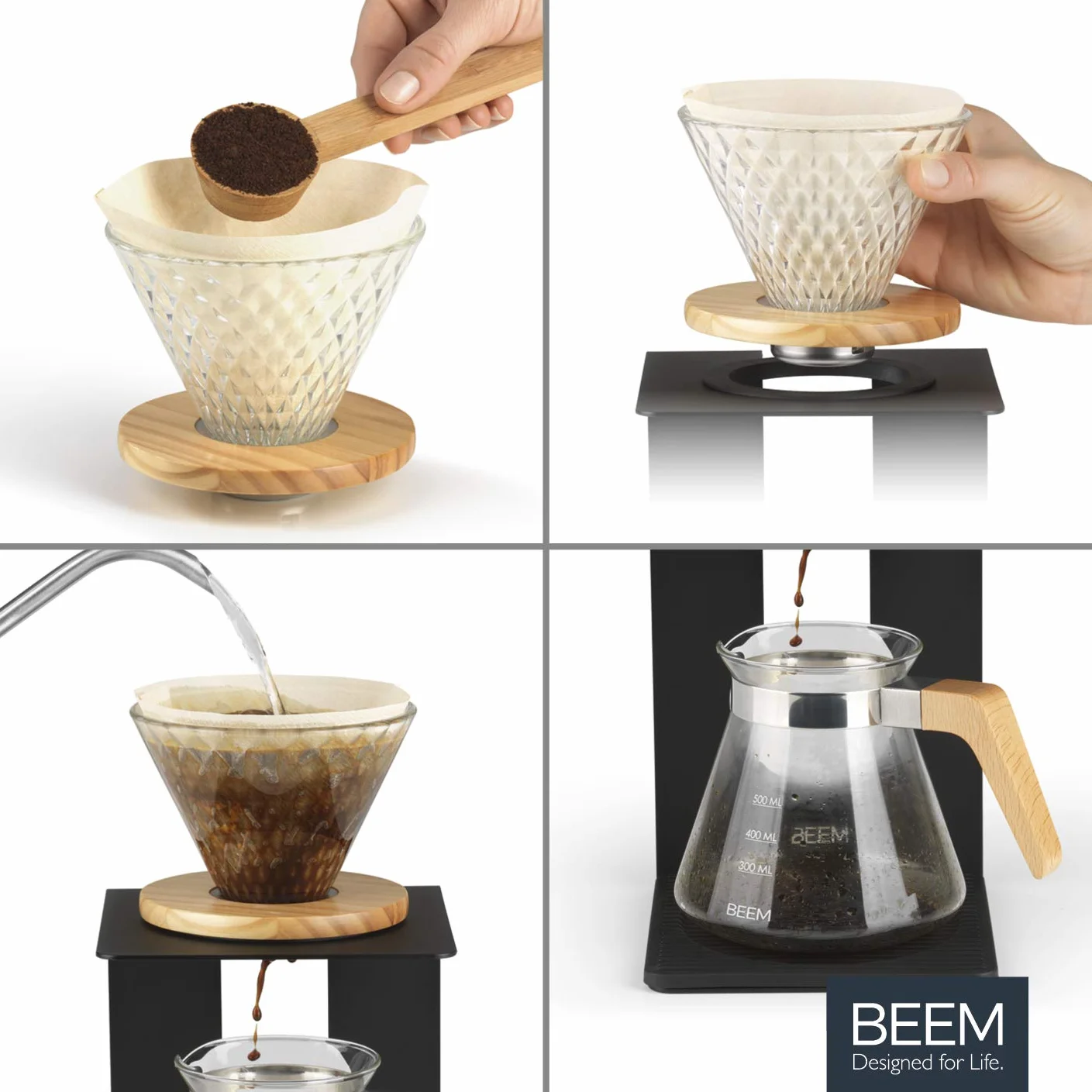 BEEM POUR OVER zestaw zaparzaczy do kawy na 4 filiżanki | w zestawie szklany filtr ręczny i szklany dzbanek z pokrywką | do ręcznego parzenia kawy w tradycyjny sposób | eleganckie i nowoczesne