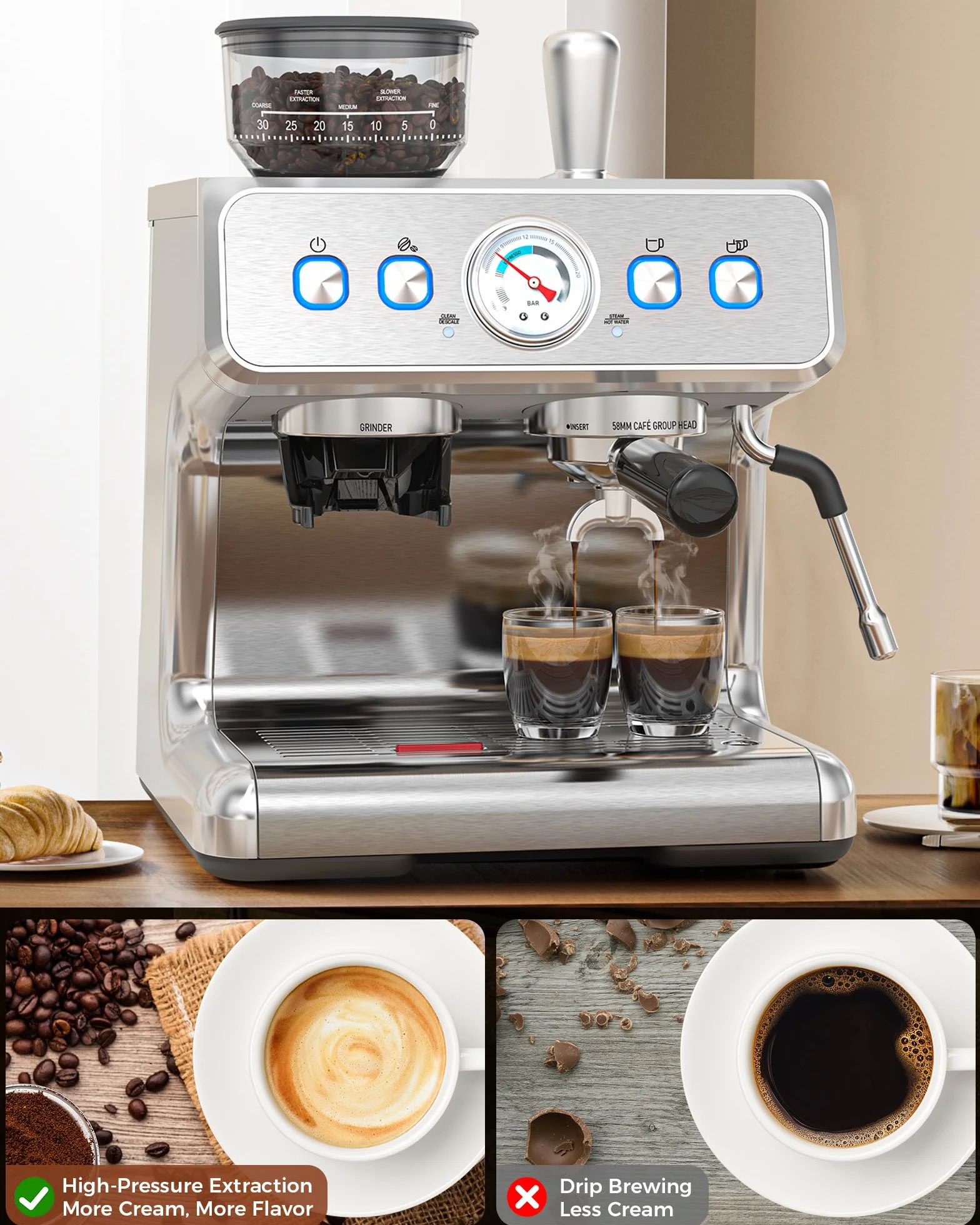 COWSAR - Ekspres do kawy z 20 prętami z młynkiem i spieniaczem do mleka, ekspresy do espresso 58 mm, ekspres do kawy ze stali nierdzewnej do cappuccino i latte, idealny do użytku