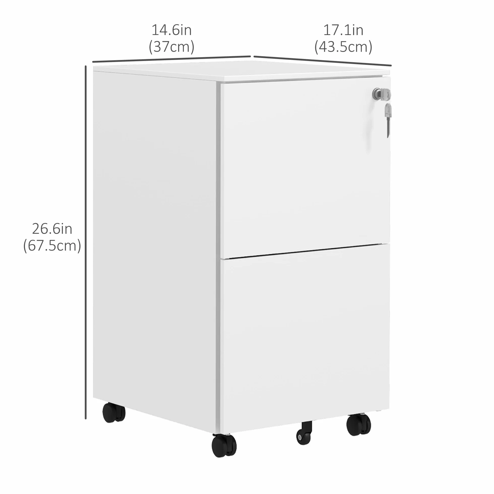 Vinsetto Pionowa szafka na dokumenty z 2 szufladami, z zamkiem i 5 kółkami, stalowa mobilna szafka na dokumenty, na dokumenty A4, format prawny i listowy, wstępnie zmontowany korpus, biała