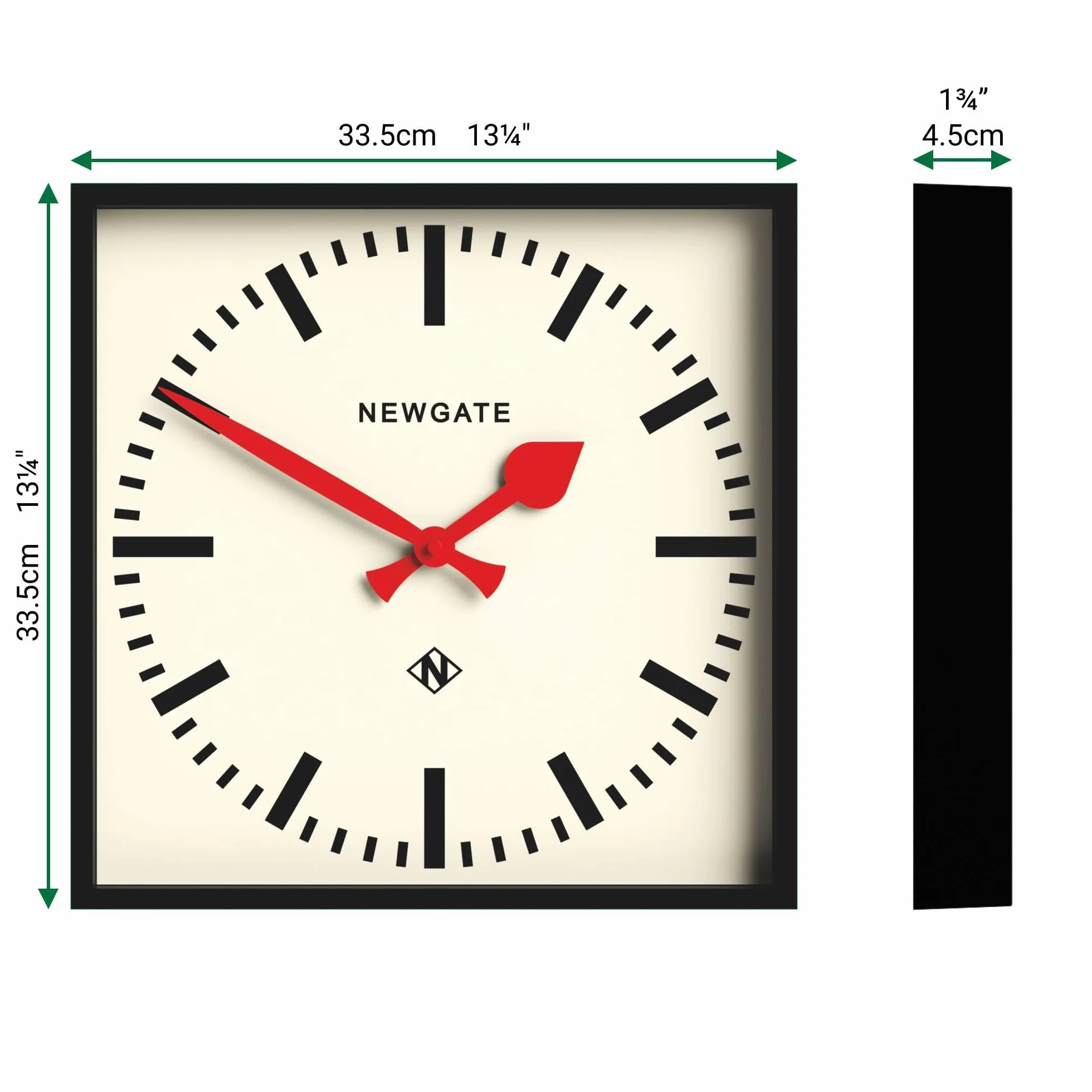 NEWGATE Zegar ścienny Number Five | Inspiracja retro kwadratowy nowoczesny zegar stacji | 40 cm | Czarny z czerwonymi wskazówkami | Styl z połowy wieku do kuchni, salonu lub biura