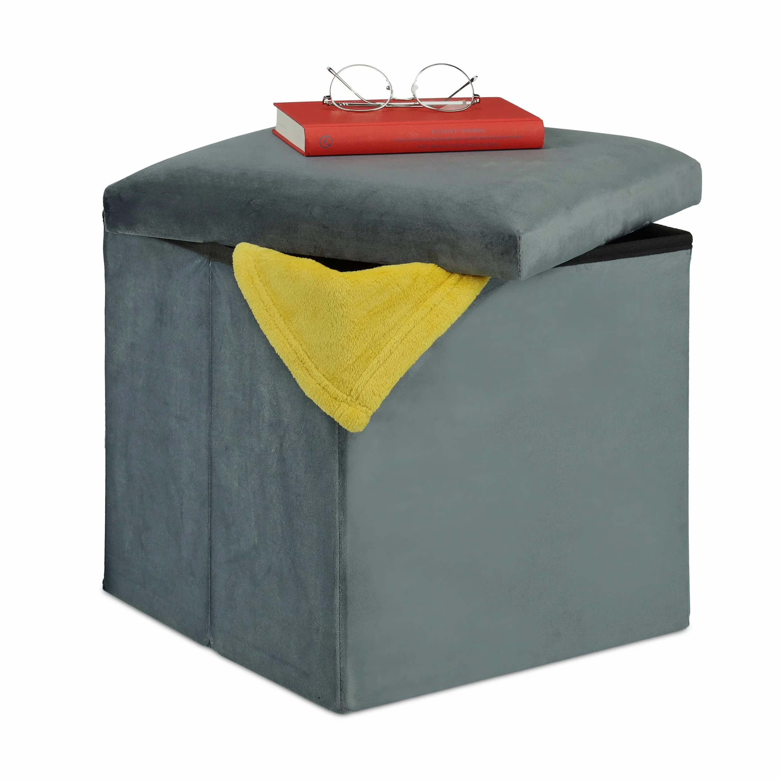 Relaxdays Taboret do siedzenia, kostka do siedzenia z miejscem do przechowywania, wys. x szer. x gł.: 38 x 38 x 38 cm, składany, taboret tapicerowany z płyty MDF i aksamitu, ciemnoszary