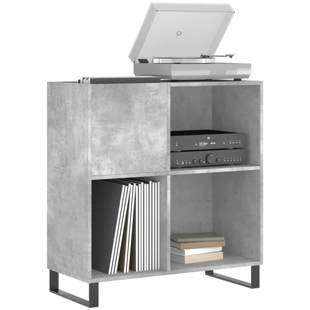 Szafa panelowa, betonowa szara z materiału drewnopochodnego z żelaznymi nogami, 84,5 x 38 x 89 cm, przestronna szafka winylowa na płyty winylowe, stabilny mebel do salonu i kina domowego