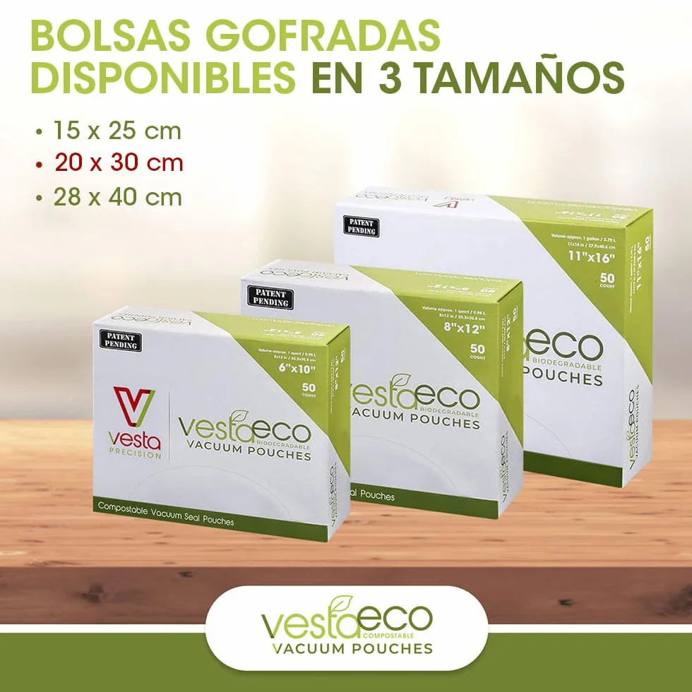 VestaEco worki próżniowe do zgrzewarki kompostowalne firmy Vesta Precision – 50 sztuk – certyfikowane – przezroczyste i wytłaczane – 20 x 30 cm