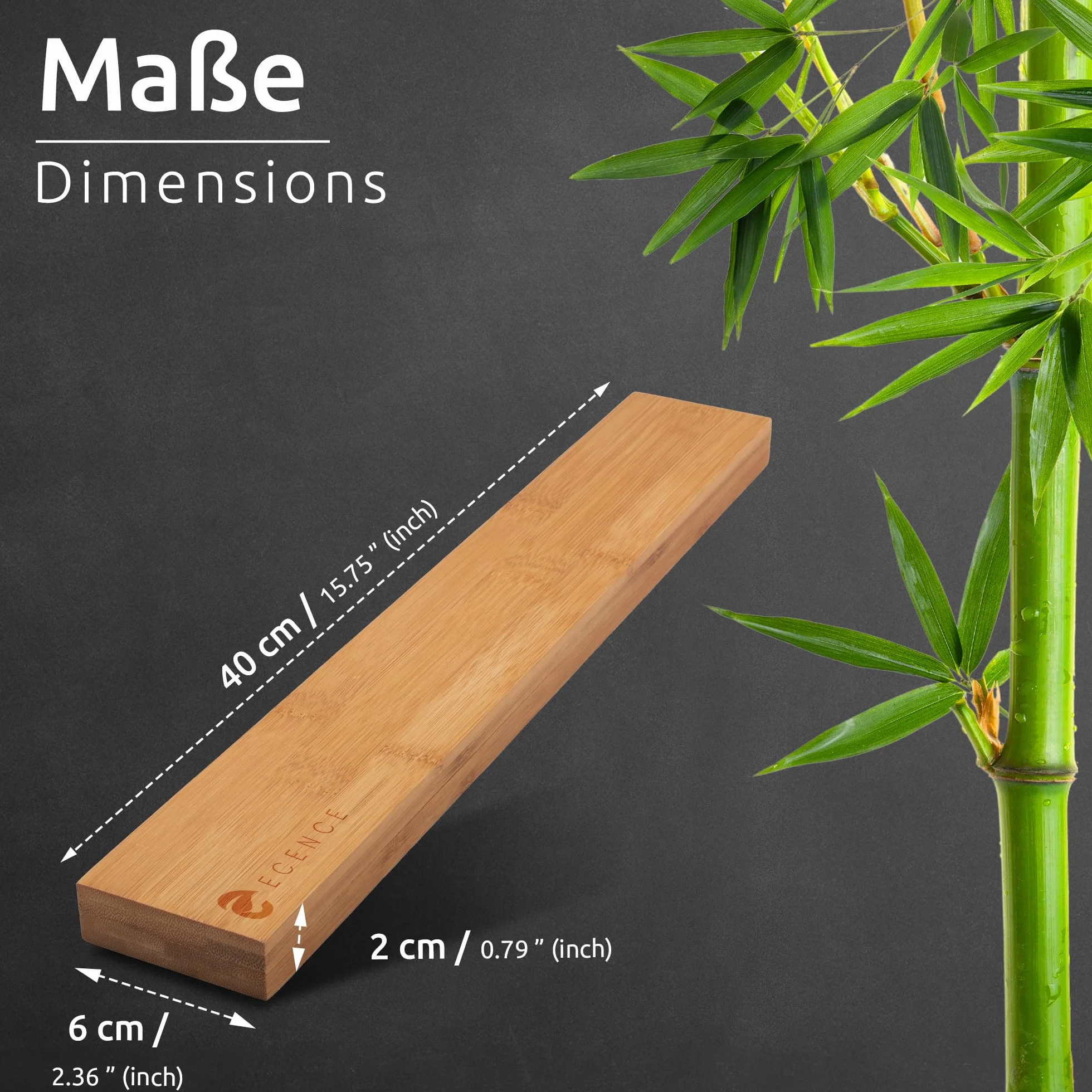 ECENCE Bambusowa listwa na noże z magnesem 40cm, uchwyt na noże, samoprzylepny, listwa na noże z magnesem, wysoka przyczepność, listwa na narzędzia, klucze