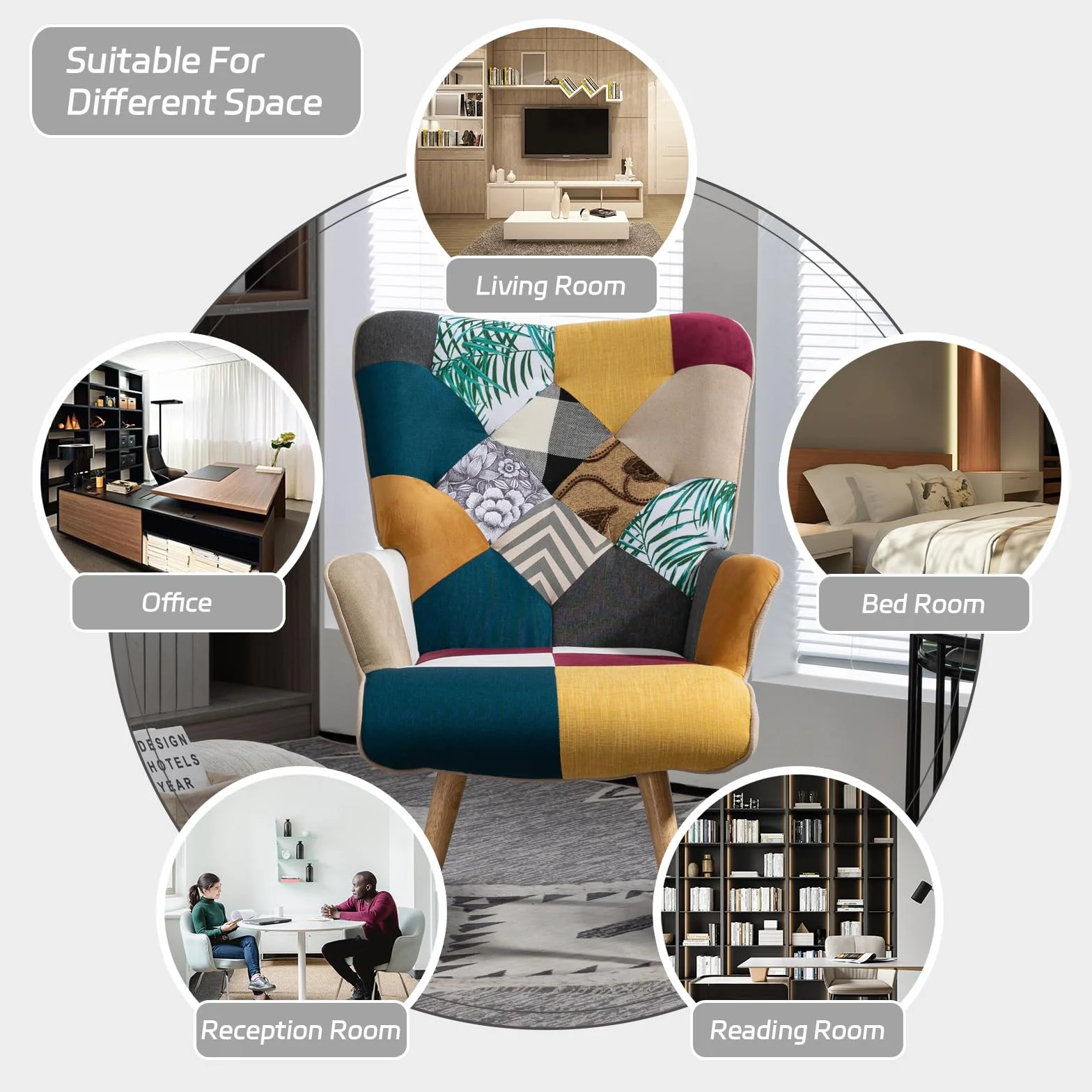 Patchwork fotel relaksacyjny, lniany fotel wypoczynkowy z nóżkami z litego drewna, fotel z uszami do salonu, sypialni, kącik do czytania, wielokolorowy