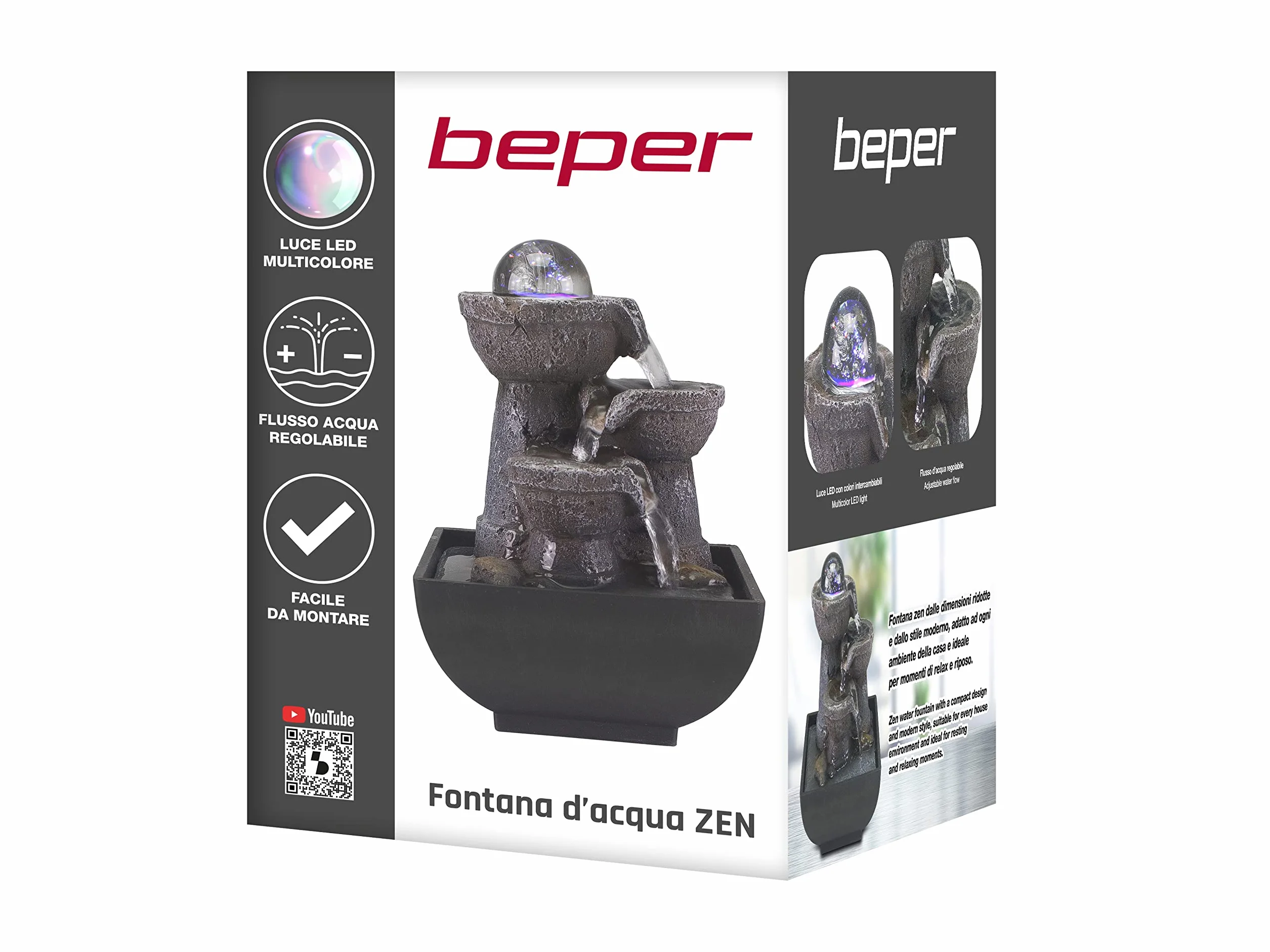BEPER P201UTP200 Zen Wodospad z oświetleniem LED Relax Dekoracyjna fontanna wody Wewnętrzna Żywica Czarna mała