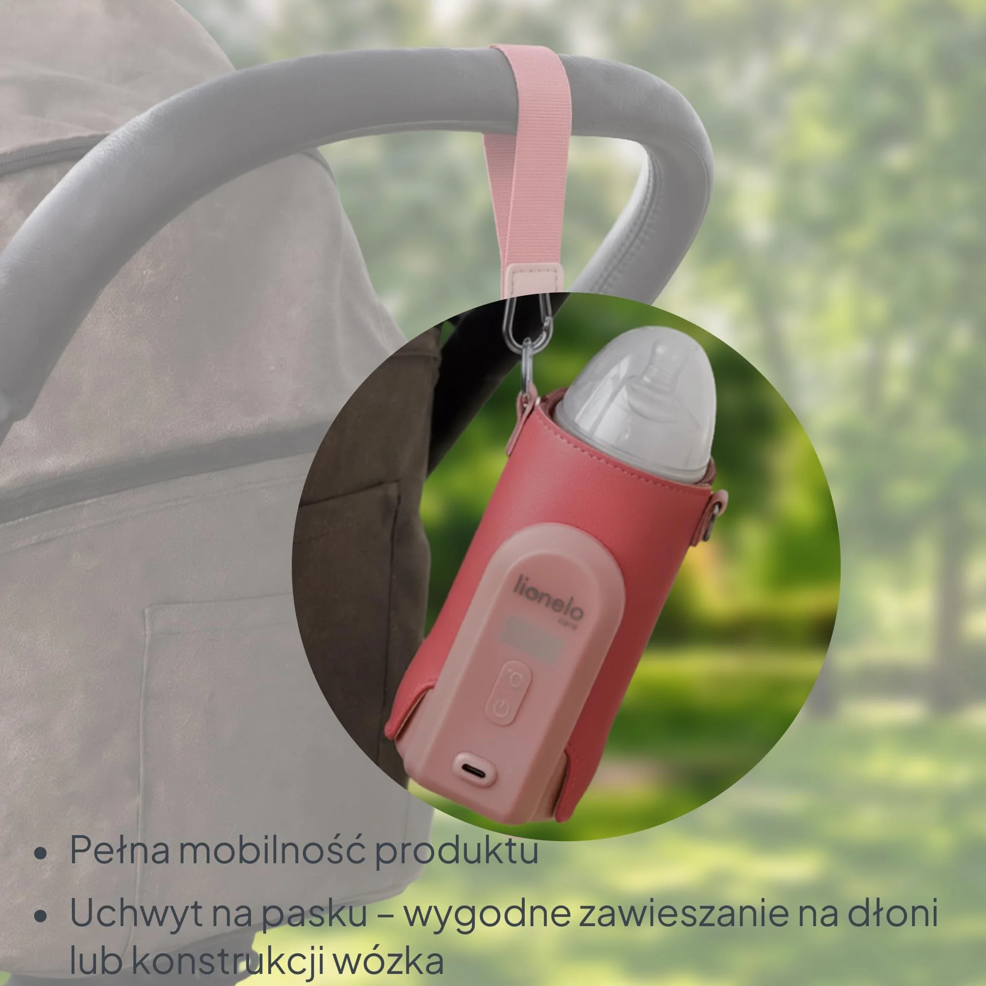 LIONELO Thermup Go Evo Przenośny Podgrzewacz do Butelek dla Niemowląt, Utrzymuje Ciepło Płynów, 5 Temperatur Pracy od 38 do 50o C Ładowanie USB-C, do 9h Pracy Wyświetlacz LCD (Różowy)