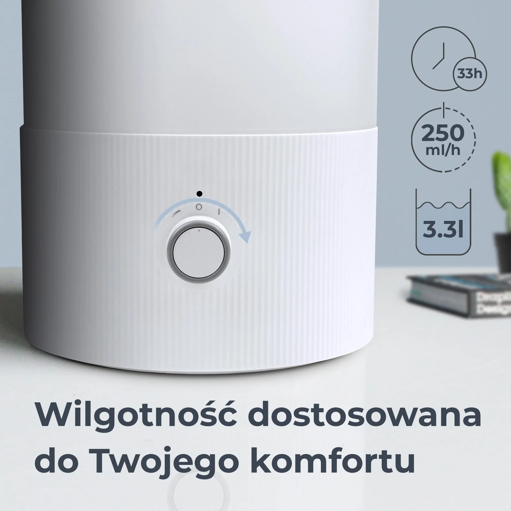 Noaton Essential Nawilżacz Powietrza 3,3L, Napełnianie od Góry, 33h Pracy, Oświetlenie LED