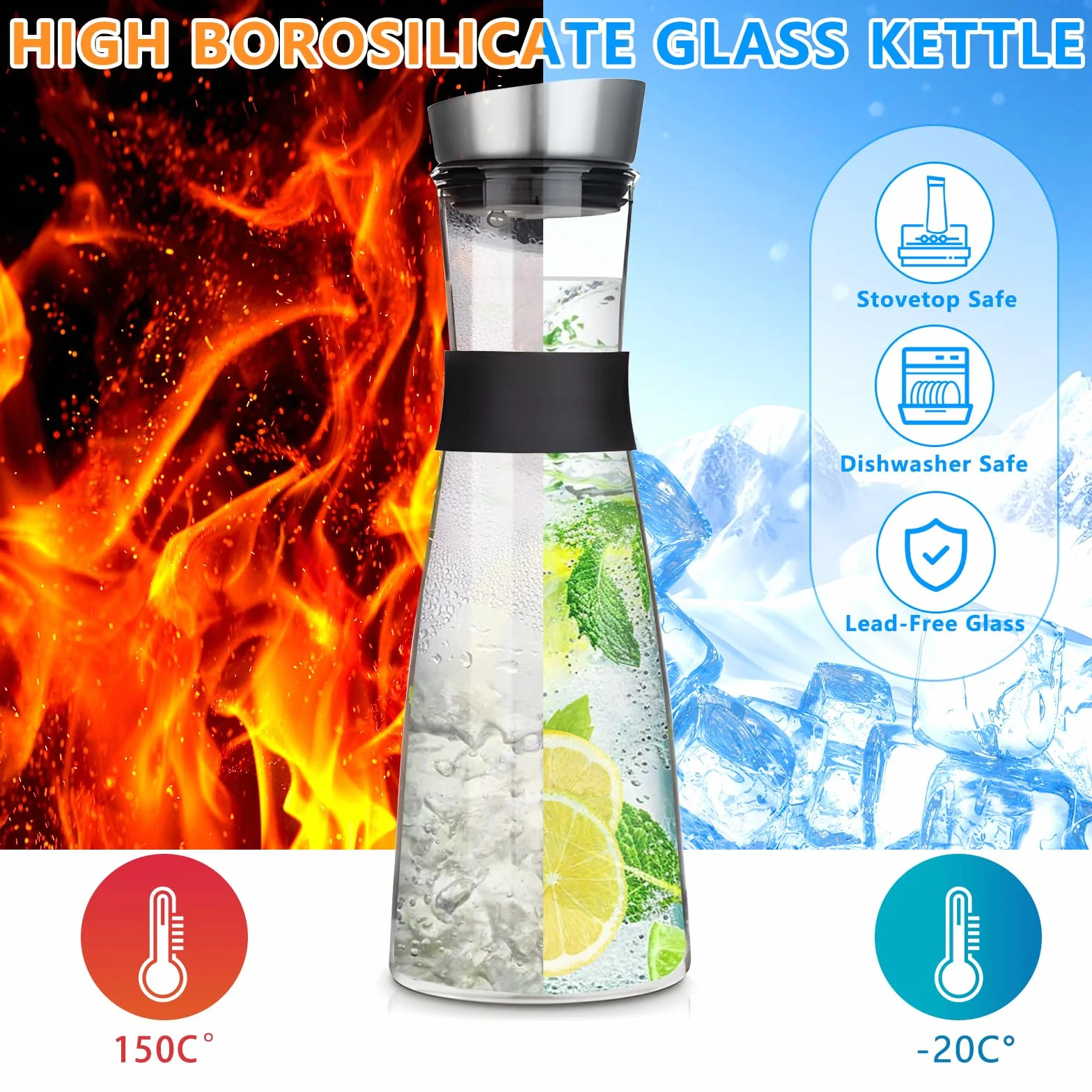 FAMKEEP Szklany dzbanek na wodę, szklana butelka o pojemności 1200 ml i pokrywka ze stali nierdzewnej, szklany dzbanek na wodę do zimnego, gorącego soku, herbaty, mleka i kawy