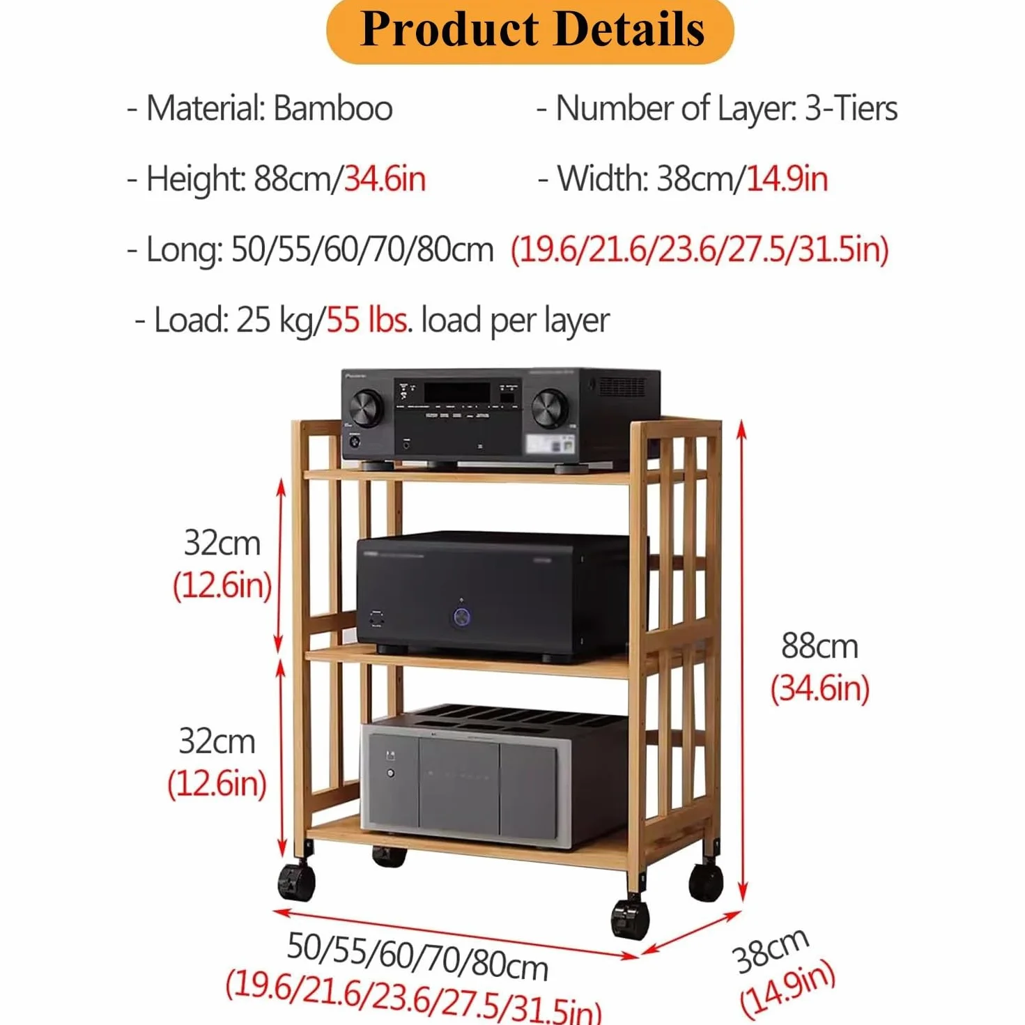 Stojak na sprzęt audio-wideo z 2/3/4/5 poziomami, szafka stereo z kółkami i regulowanymi półkami, bambusowy stojak na sprzęt HiFi do salonów, kin domowych, sypialni (szer., 2 poziomy – dł. 60*sze