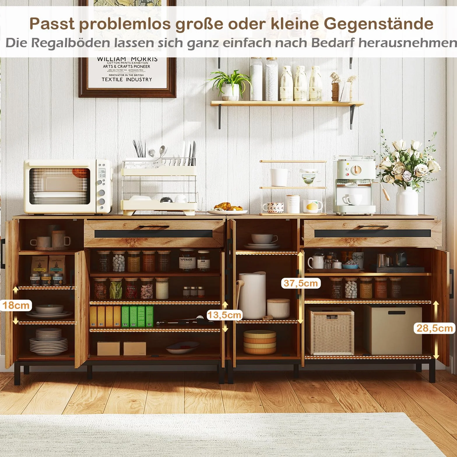 COSTWAY Kredens drewniany, szafka kuchenna z szufladą, 3 drzwi, wyjmowane półki, powierzchnia robocza 120 x 41 cm, szafka bufetowa do kuchni, jadalni, szafka do przechowywania, kolor naturalny +