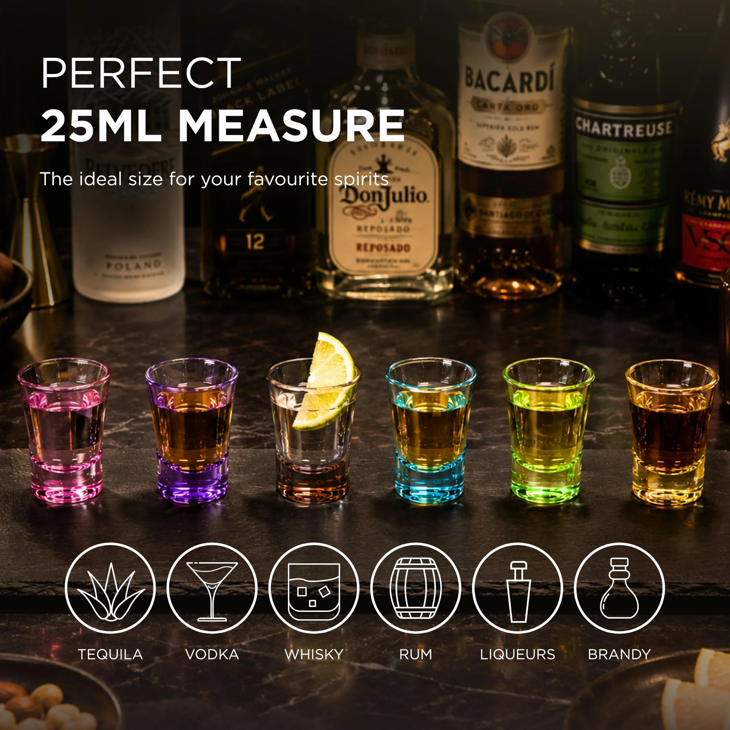 volila Kolorowe Kieliszki do Shotów - Zestaw 6 Kieliszków o Pojemności 25ml z Grubym Dnem - Małe Kieliszki do Jager Bomb, Jello Shots, Tequili i Do Napojów w Barze