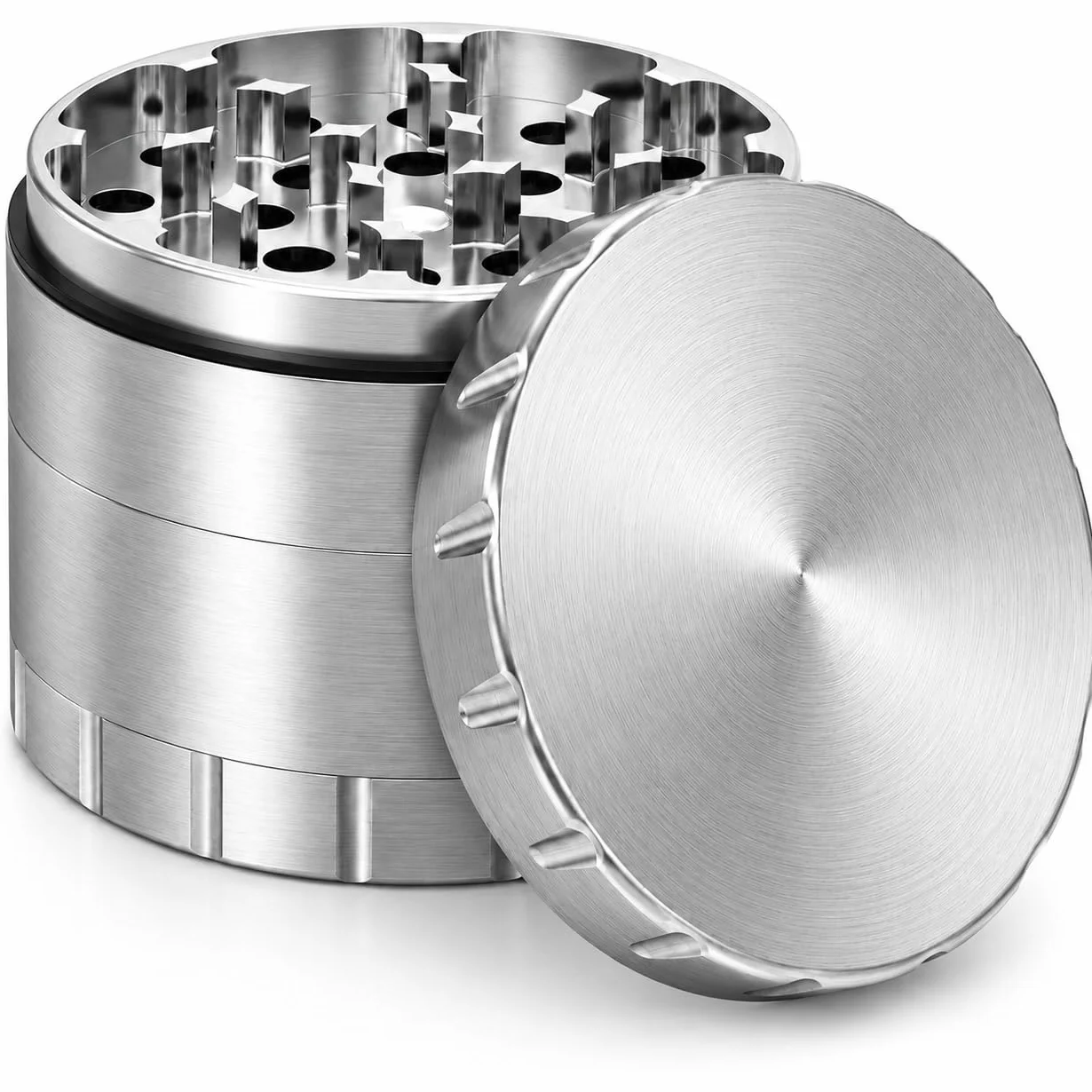 Młynek ze stali nierdzewnej Premium Crusher | 4-częściowy | stalowy młynek do ziół | Ø 63 mm | w zestawie pokrowiec ochronny z zamkiem błyskawicznym, skrobak do pyłków, pędzel i ustnik
