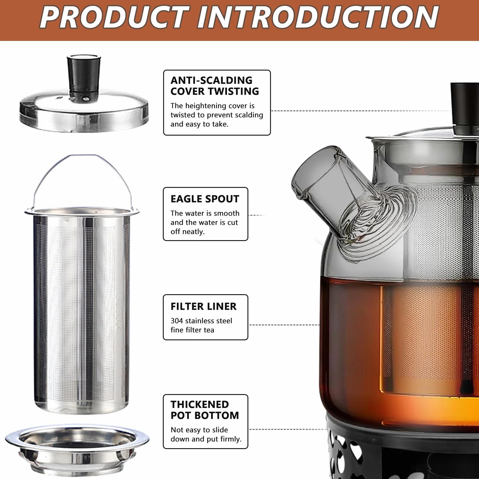Czarny dzbanek do herbaty 1500 ml z podgrzewaczem, szklany zaparzacz do herbaty z sitkiem, szklany dzbanek z sitkiem, dzbanek do herbaty ze szkła borokrzemowego, dzbanek do herbaty sypkiej, torebki