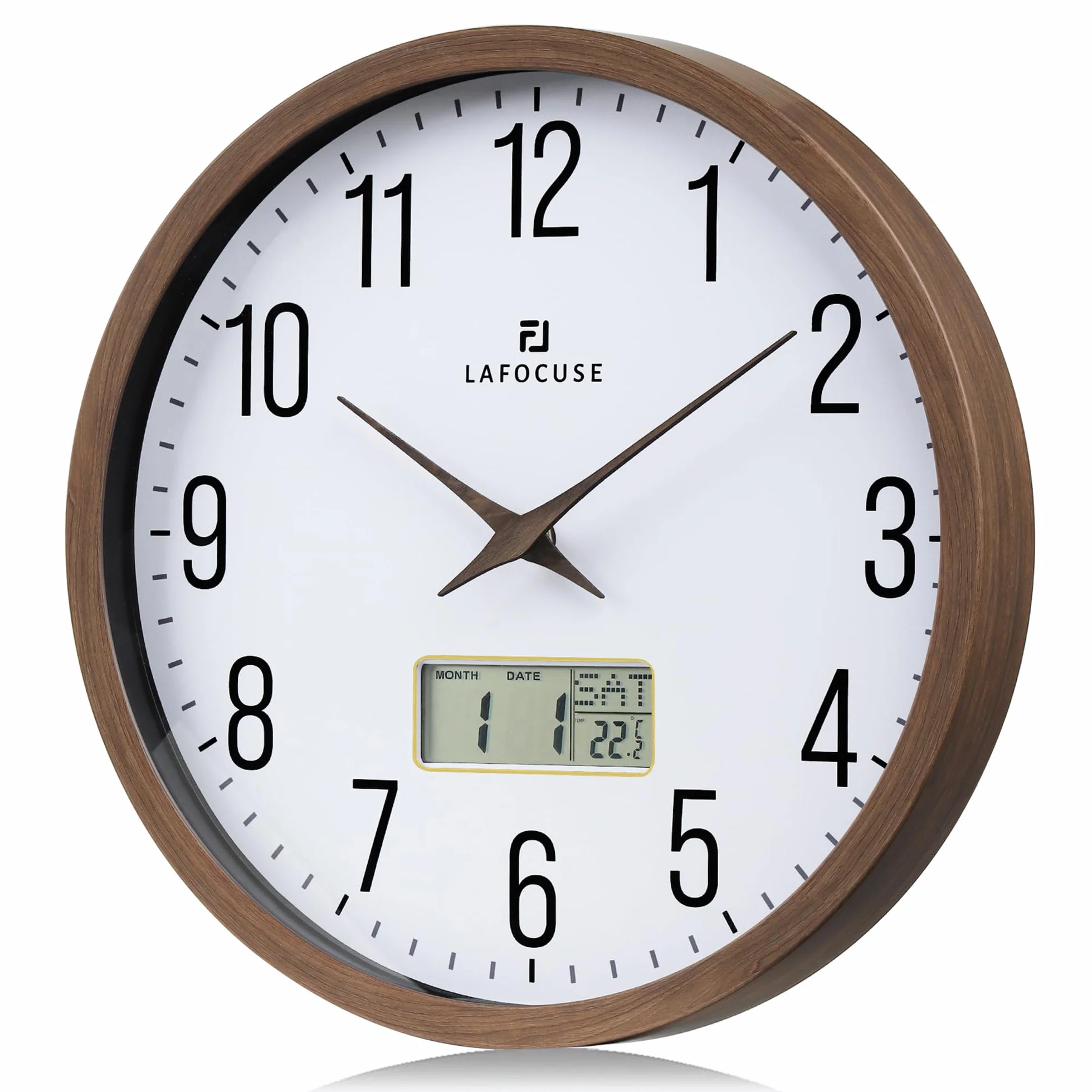 Lafocuse Zegar ścienny kalendarz z datą i termometrem LCD, cichy brązowy zegar vintage, łatwy do odczytania bez tykania do kuchni biura sypialni salonu 30 cm