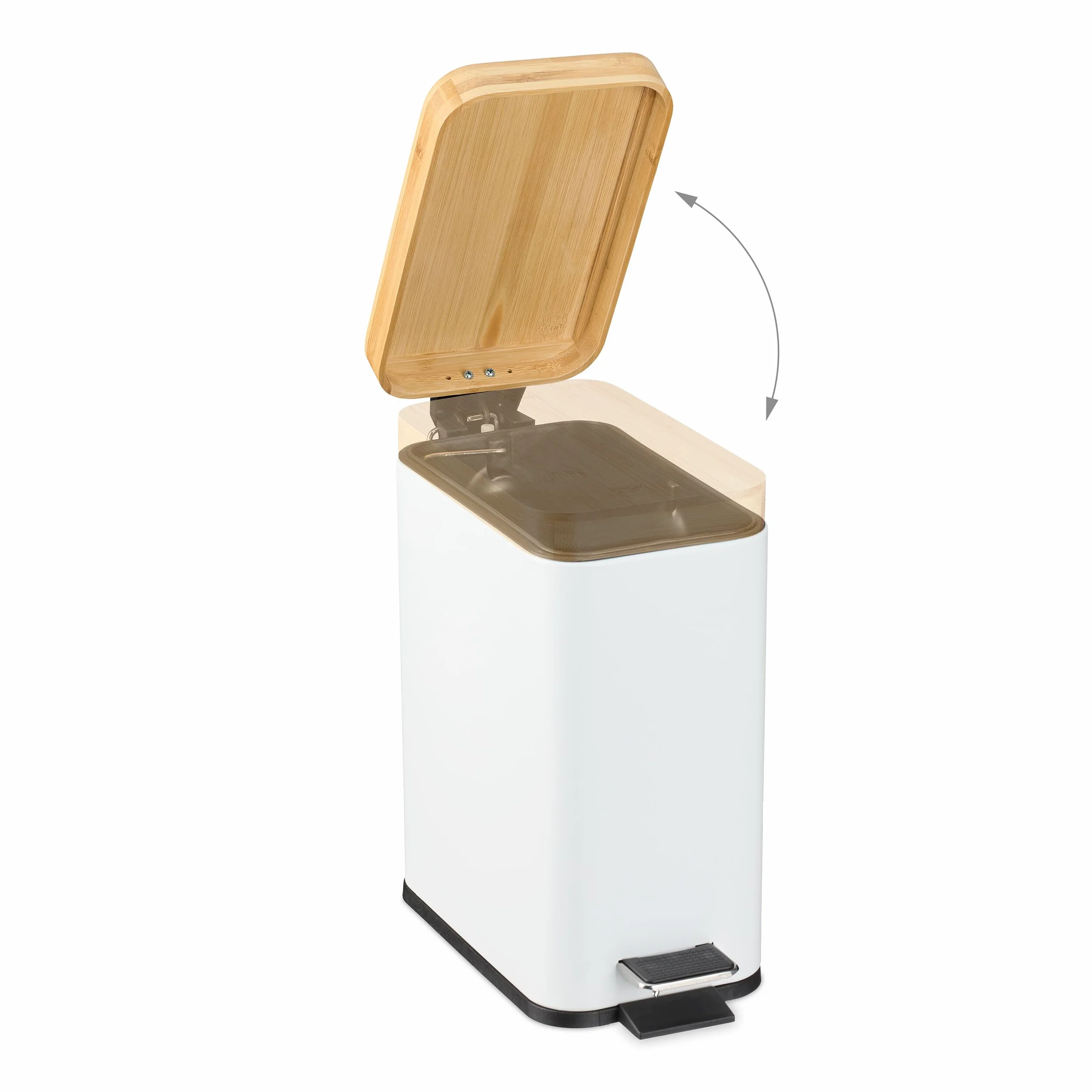 Relaxdays Kosz na śmieci, 5 l, wyjmowany kosz wewnętrzny, kosz na kosmetyki, metalowy, z bambusową pokrywką, biały