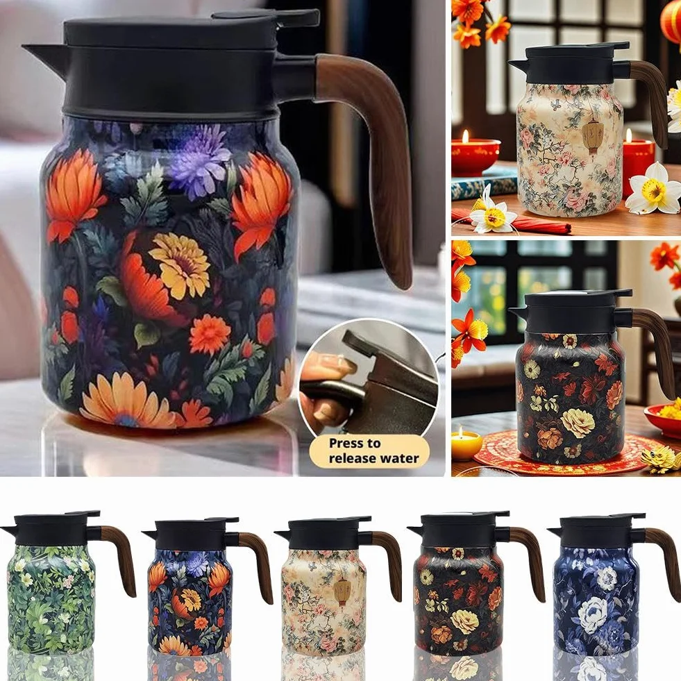 Dzbanek do herbaty w stylu vintage, kwiatowy wzór, 1000 ml, wbudowany zaparzacz do herbaty w stylu vintage, karafka termiczna ze stali nierdzewnej z pokrywką, do gorących napojów, mini dzbanek do kawy