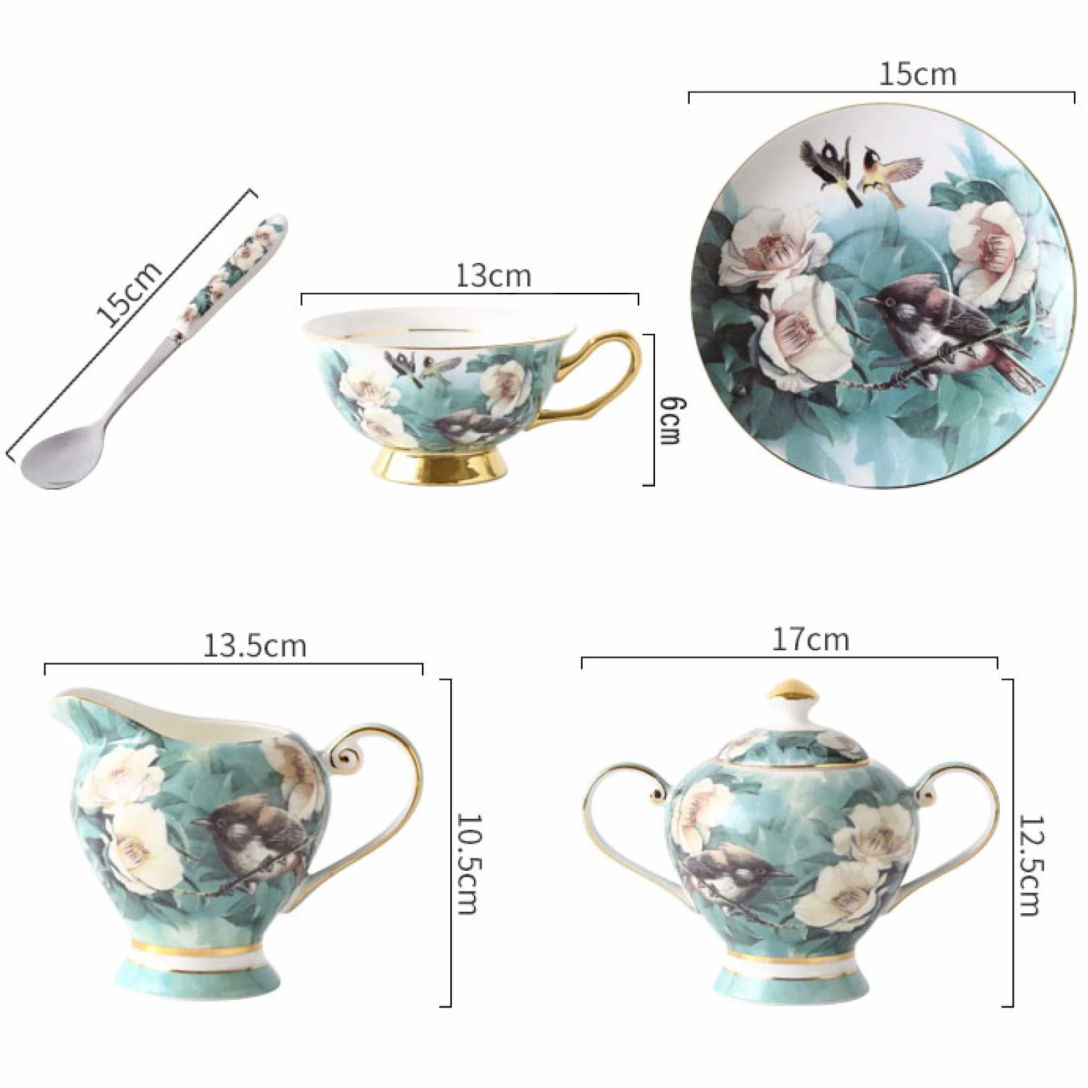 Porcelanowy zestaw do herbaty dla dorosłych z czajnikiem, filiżankami do kawy, cukiernicą, dzbankiem na mleko i łyżkami – popołudniowa herbata dla 6 osób, niebieski kwiatowy wzór