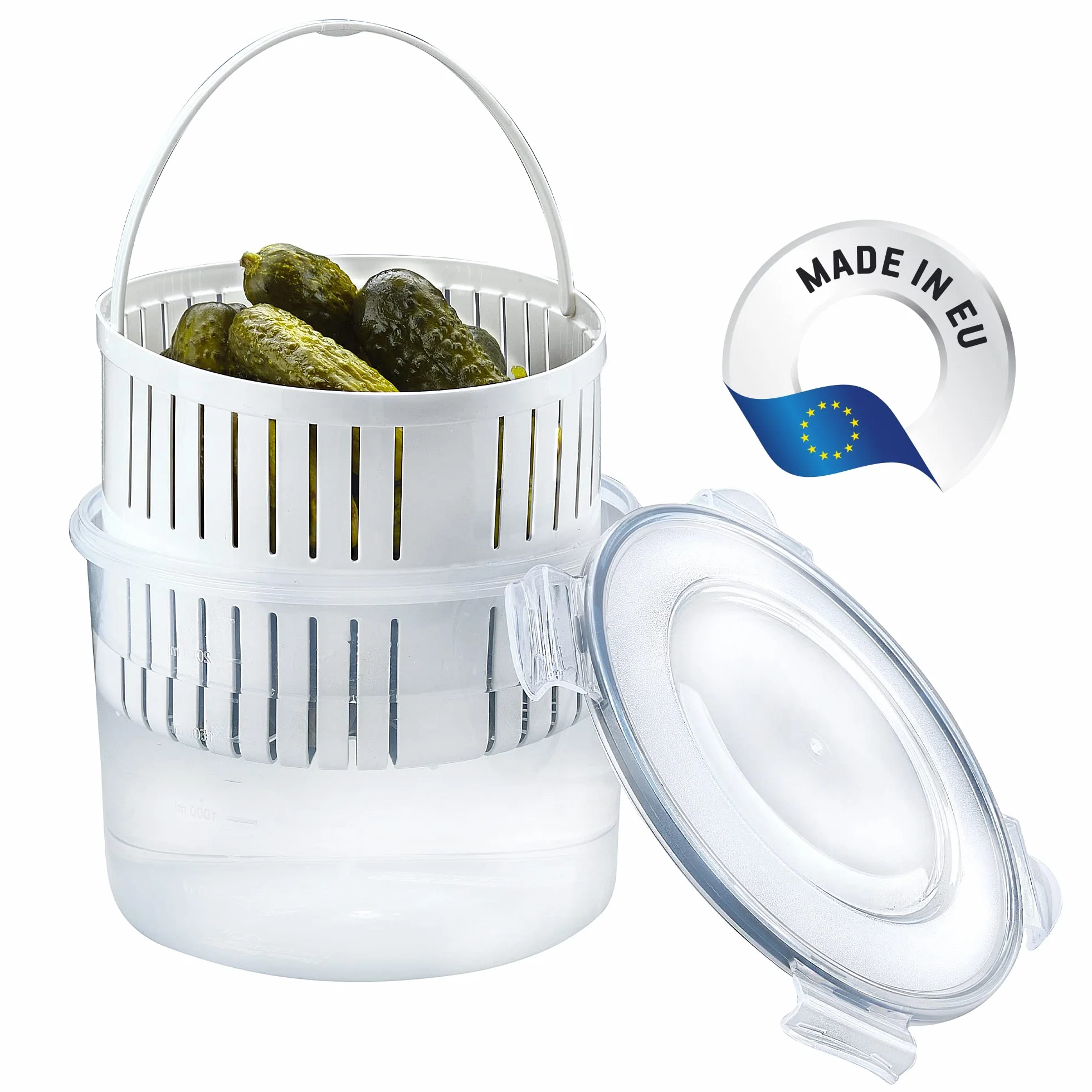 CRYSTALIA Duży słoik na marynaty o pojemności 2500 ml z sitkiem, 100% wolny od BPA, pojemnik na marynaty z sitkiem, uchwyt na marynat, wiadro z piklami, beczka oliwkowa jalapeno, szczelna i sitko do