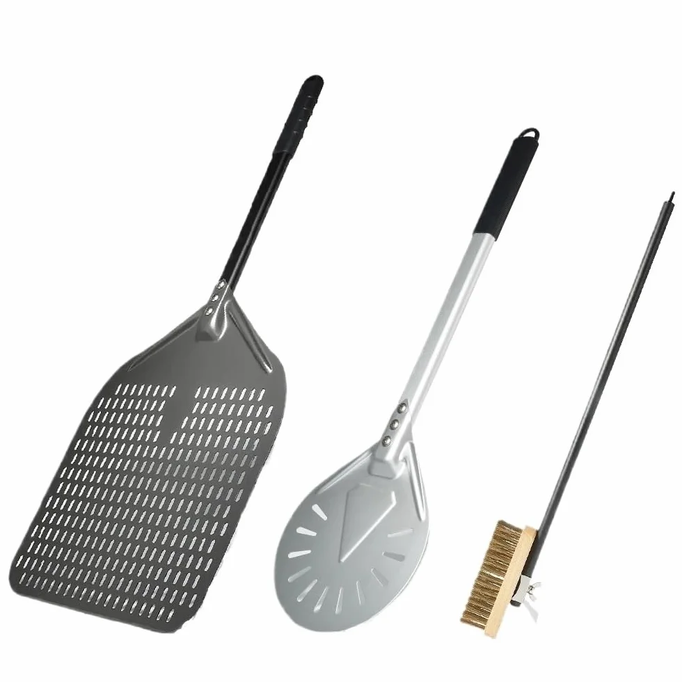 Perforowana łopatka do pizzy zestaw 30 cm, aluminiowa łopatka do pizzy i łopatka do obracania, ze szczotką do czyszczenia piekarnika, niezbędne narzędzie do pizzy do pieczenia i grillowania