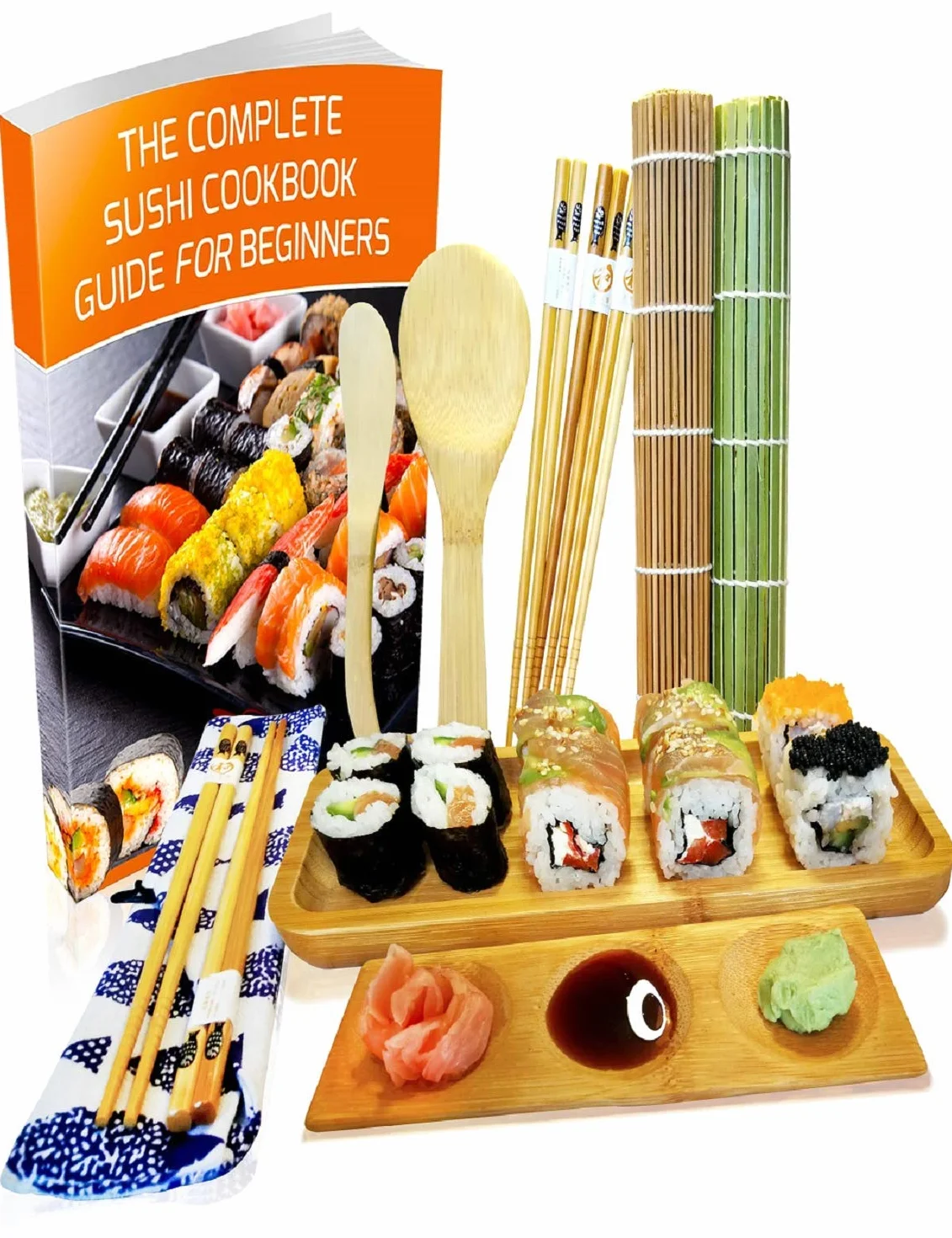 Zestaw do robienia sushi, 11 szt. – bambusowa mata do krojenia sushi i zestaw do serwowania – zrób własne sushi w domu, 2 maty, 5 par pałeczek z torbą, łopatką, rozrzutnikiem, półmisek, półmisek do