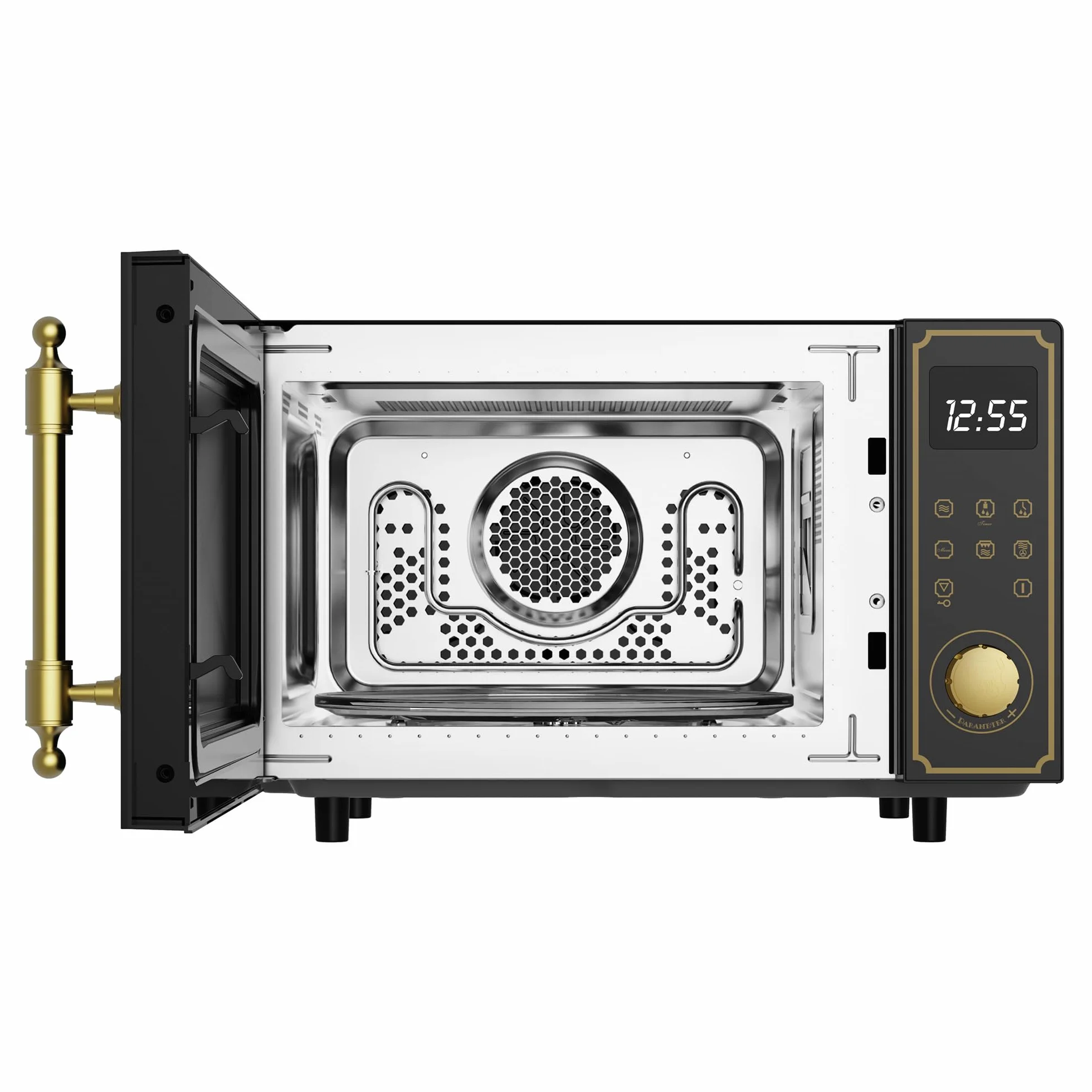 Kaiser Empire M 2530 Em Retro kuchenka mikrofalowa w kolorze czarnym | 25 l | grill 1200 W | gorące powietrze 2200 W | obsługa FullTouch z pokrętłem obrotowym | szklany front | uchwyt drzwi z