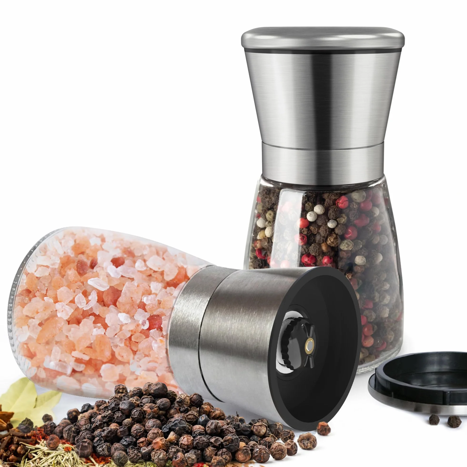 KitchenBoss Młynek do pieprzu: 2 sztuki, regulowany młynek do soli, pieprzu z ceramicznym rdzeniem do mielenia, domu lub kuchni [bez zawartości przypraw]