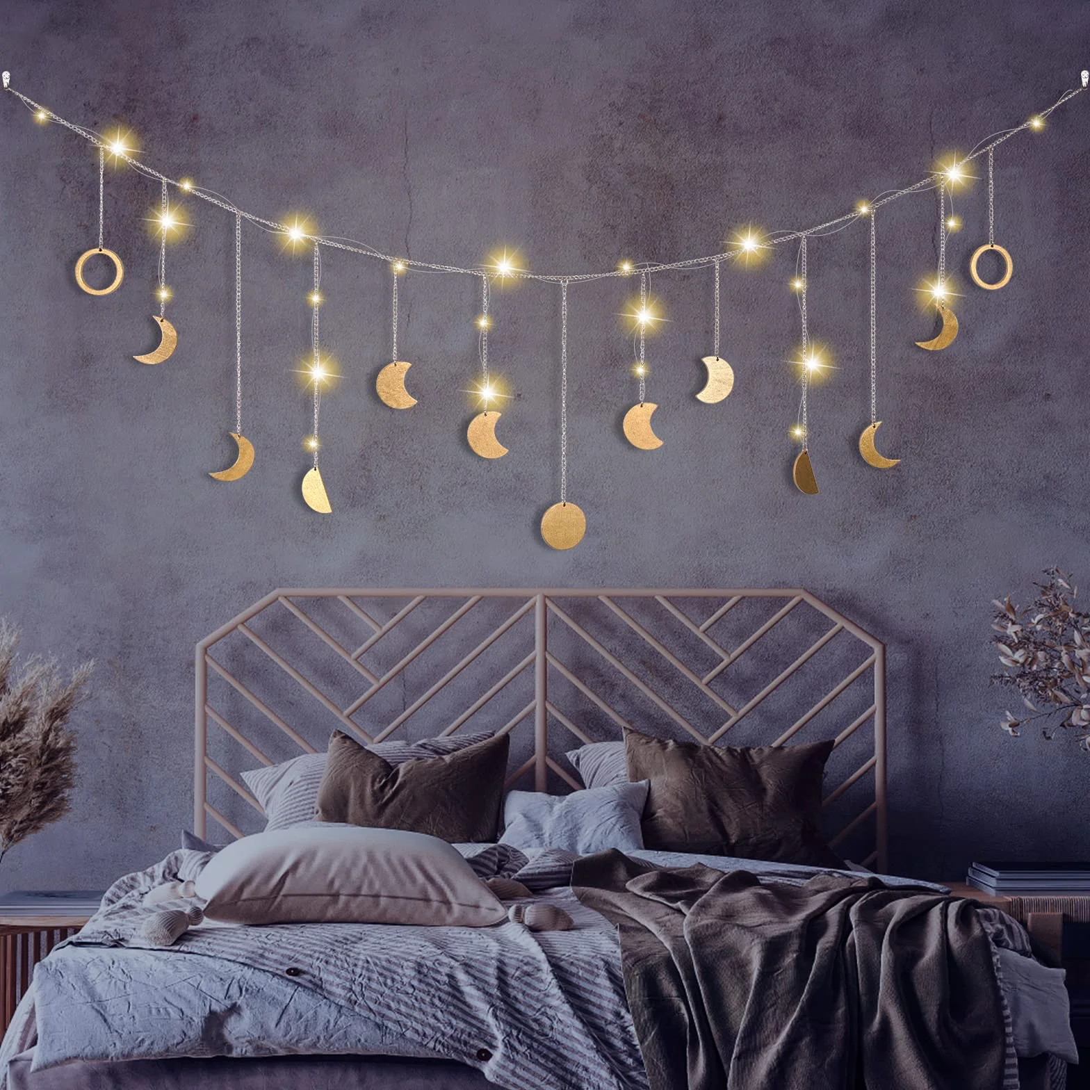 Girlanda z fazami księżyca, dekoracja ścienna w stylu boho, girlanda księżycowa, dekoracja ścienna, do salonu, sypialni, lampa księżycowa w stylu boho, złota girlanda 144 cm, 13 księżyców, z łańcuchem