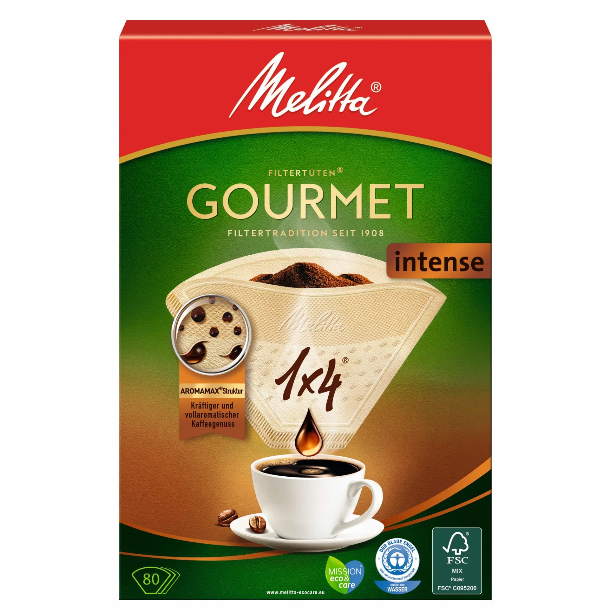 Melitta torebki filtracyjne 1 x 4/80 Gourmet Intense naturalny brąz, 4 sztuki w opakowaniu (4 x 1 sztuka)